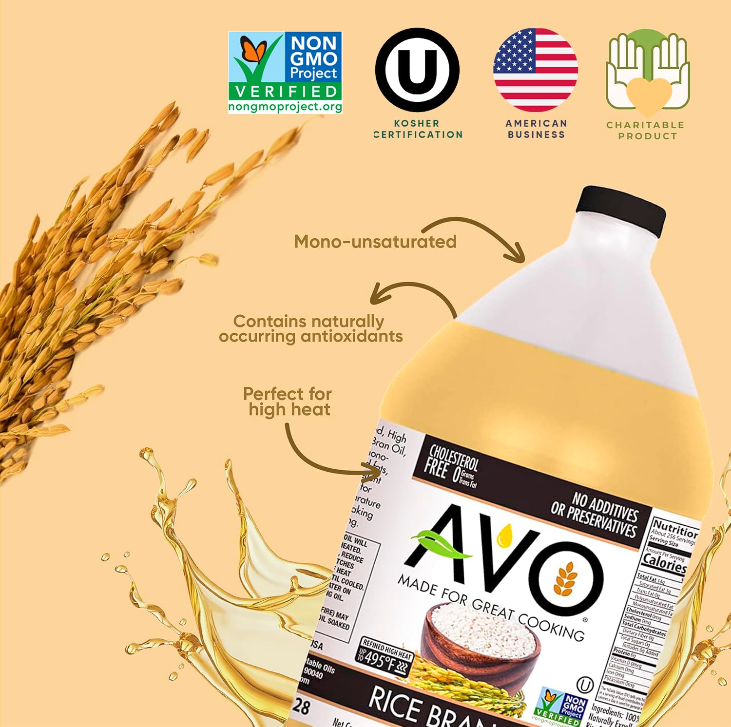 AVO NON GMO 100% Rice Bran Oil, 1 Gallon, No Preservatives Added