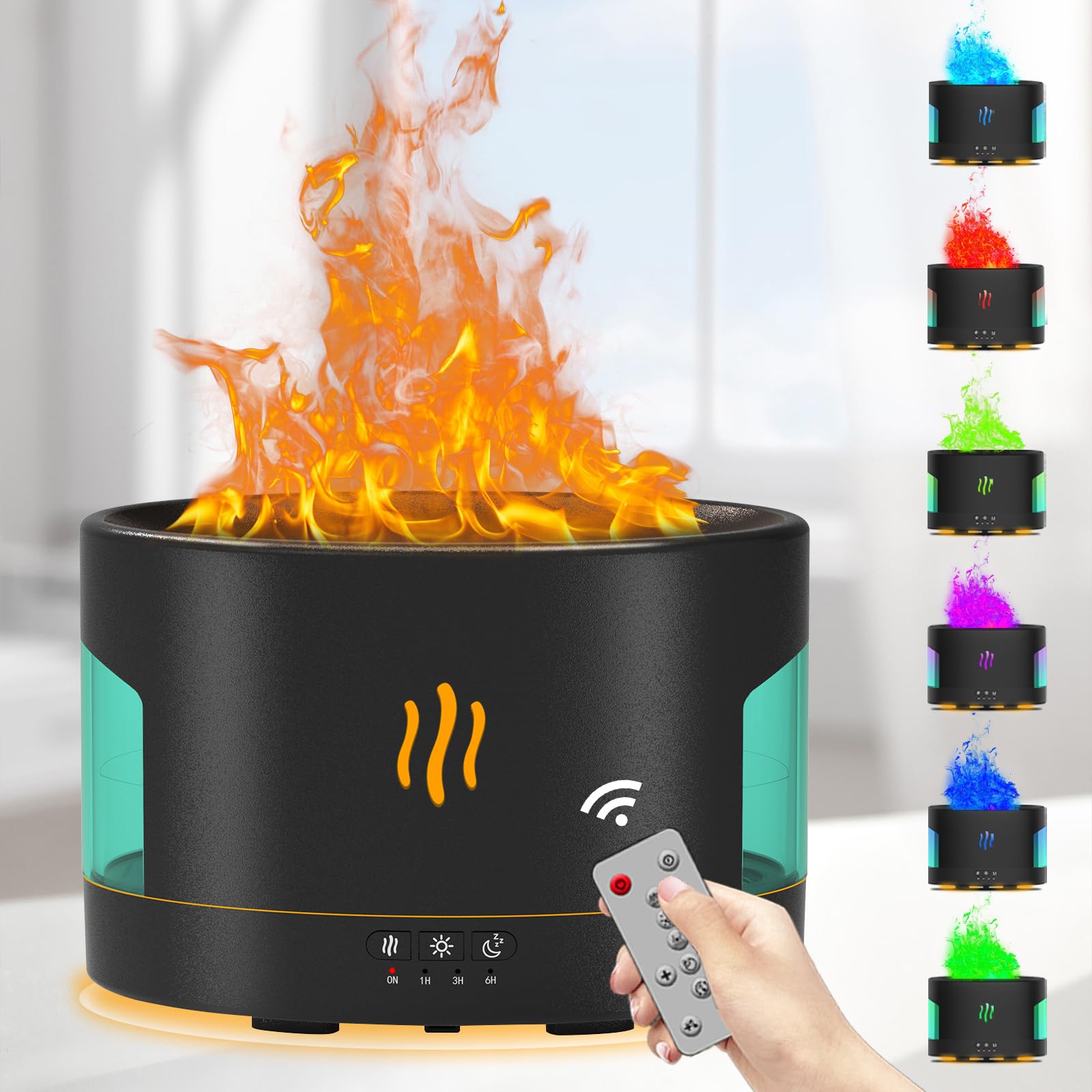 POSVIU Oil Diffusers for Home Large Room, 450ml Air Humidifier with Bluetooth Speaker, White Noise and Remote, Flame Humidifier for Bedroom, Office, 7 Colors Diffuser Gifts