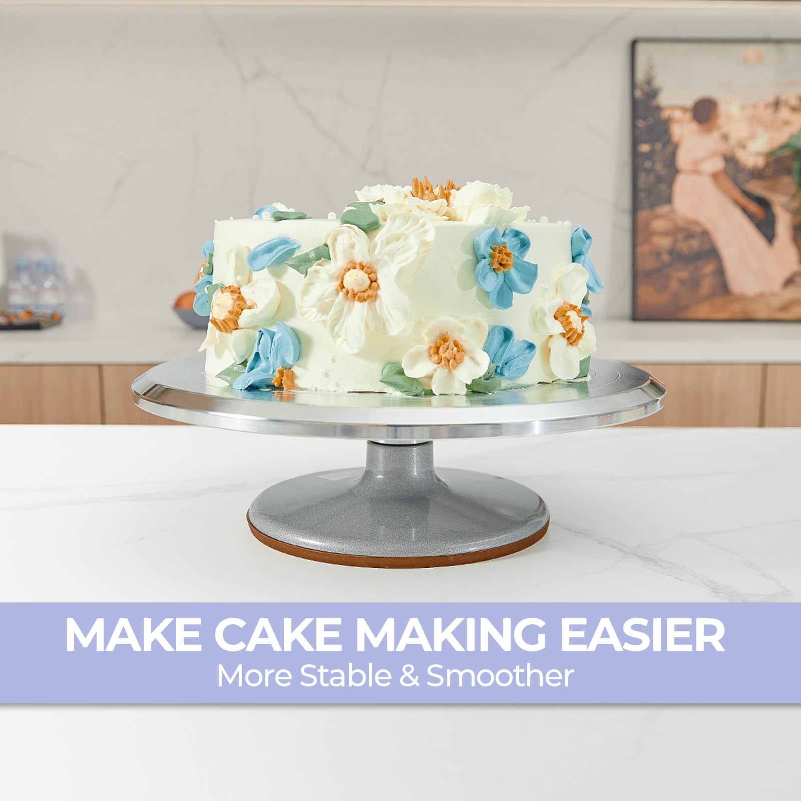 Cake Turntable, Ohuhu Aluminium 12'' Cake Decorating Kit Supplies Rotating Stand Revolving Spinner with 2 Icing Spatula 3 Comb Smoother