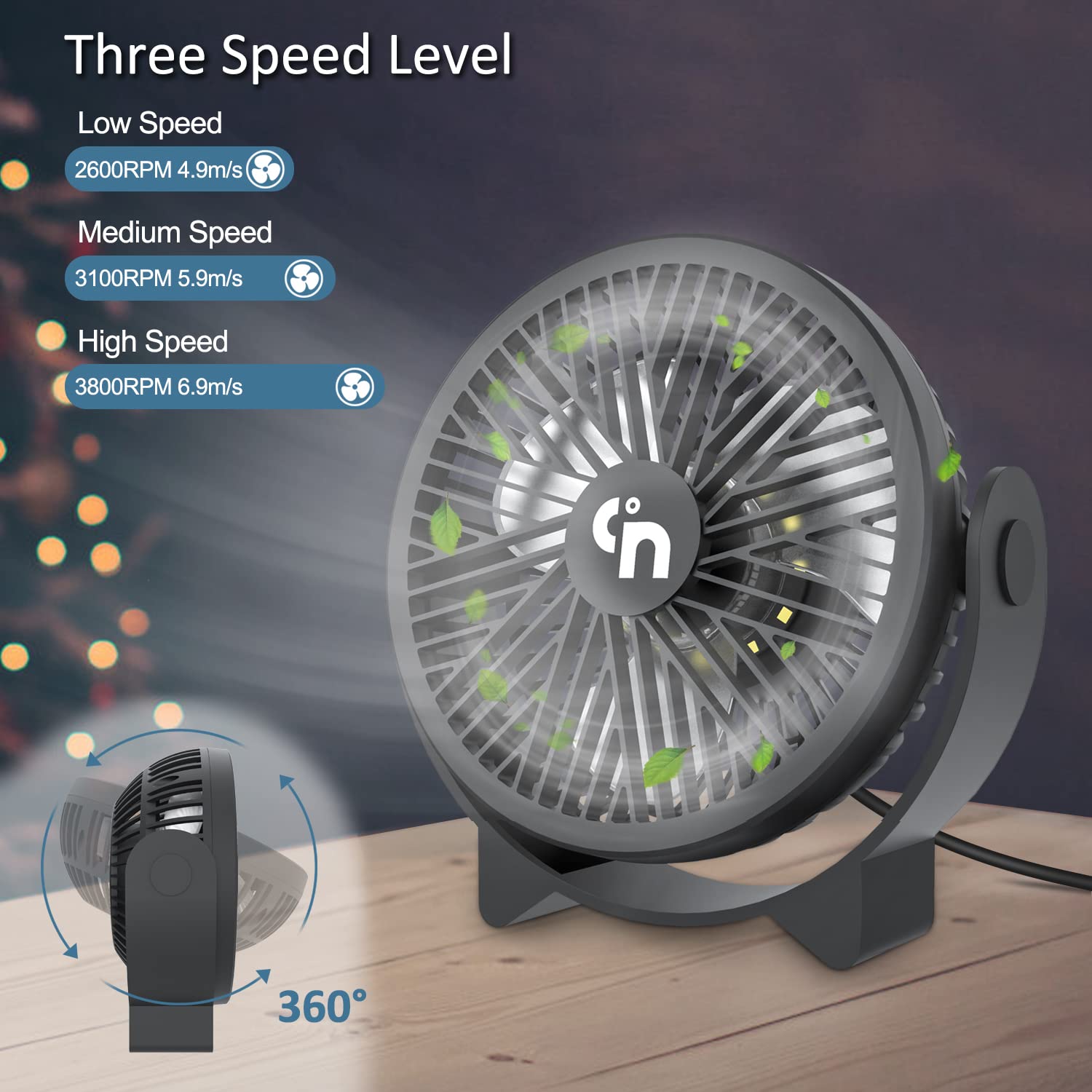 GagetElec USB Desk Fan with LED Night Lights,3 Speeds Quiet Personal Mini Table Fan,360°Rotation Strong Wind Cooling Fan,Small Desktop Fan for Home Office Desktop Office Table 5.3 Inch (T5-07)