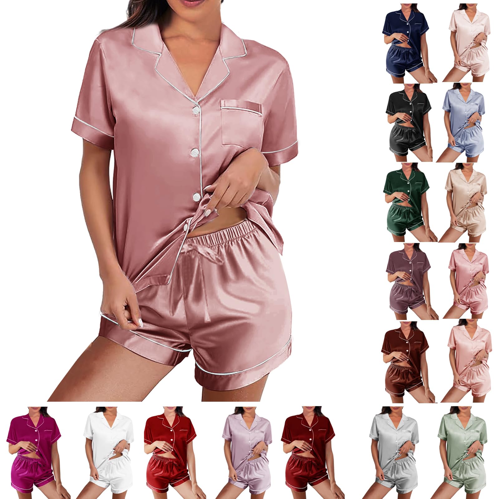 WJing Yi Jia Womens Silk Satin Pajamas Loungewear Two-Piece Sleepwear Button-Down Floral Pj Set -Size: L