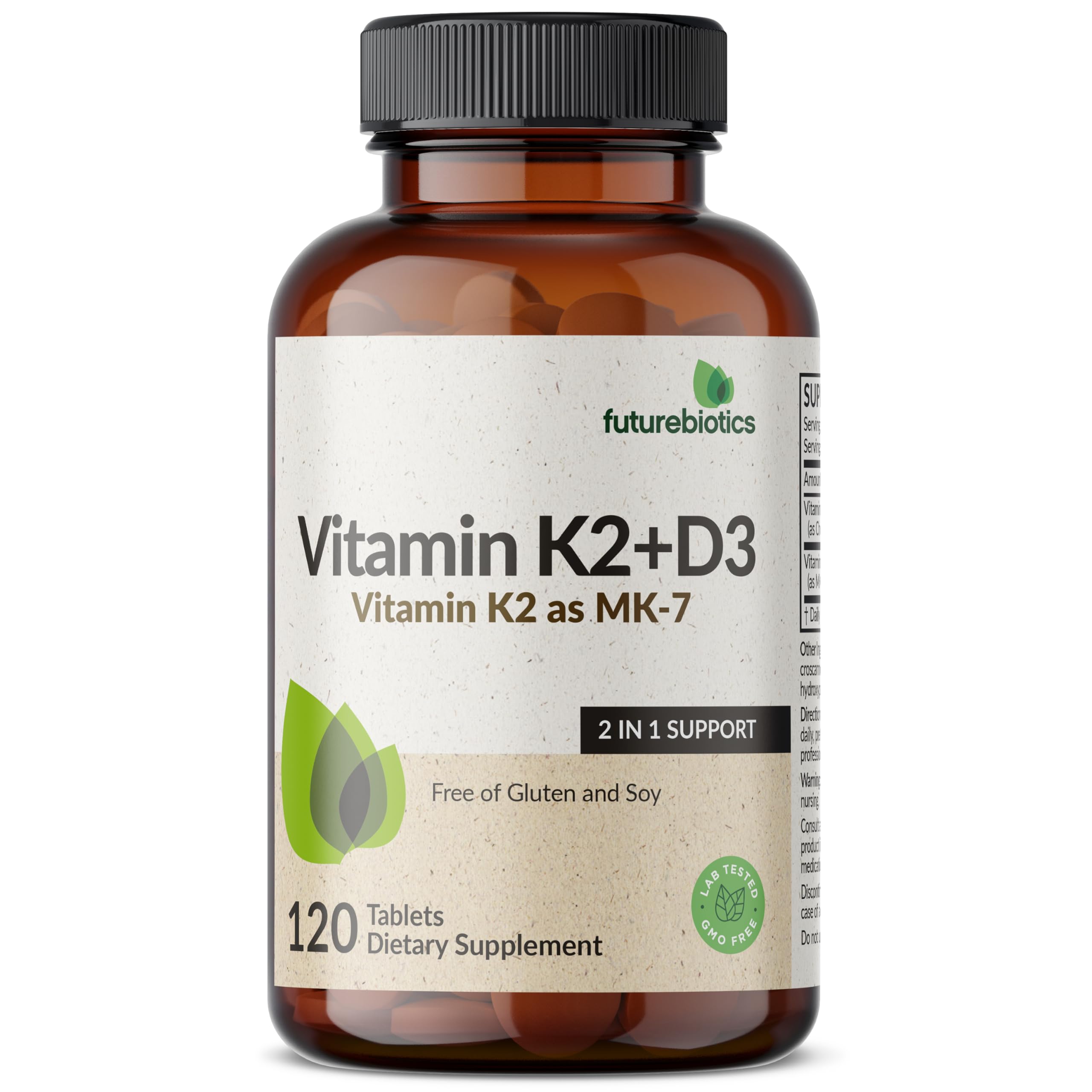 Futurebiotics Vitamin K2 with D3, 2 in 1 Support, 5000 IU Vitamin D3 & 90 mcg Vitamin K2 MK-7 Non-GMO, 120 Tablets