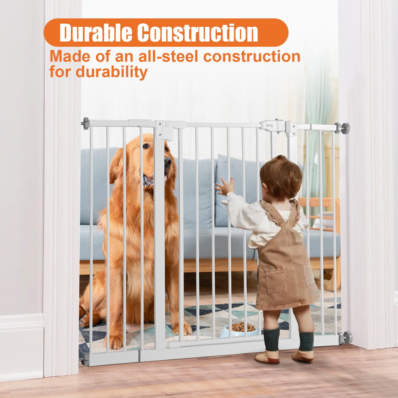 keny 29"-42.5" Baby Gate for Stairs, Auto Close Safety Dog Gate, Pressure Mounted Easy Walk Through Pet Gate for Doorways, Durable Safety Stair Gate, 30" Tall, White