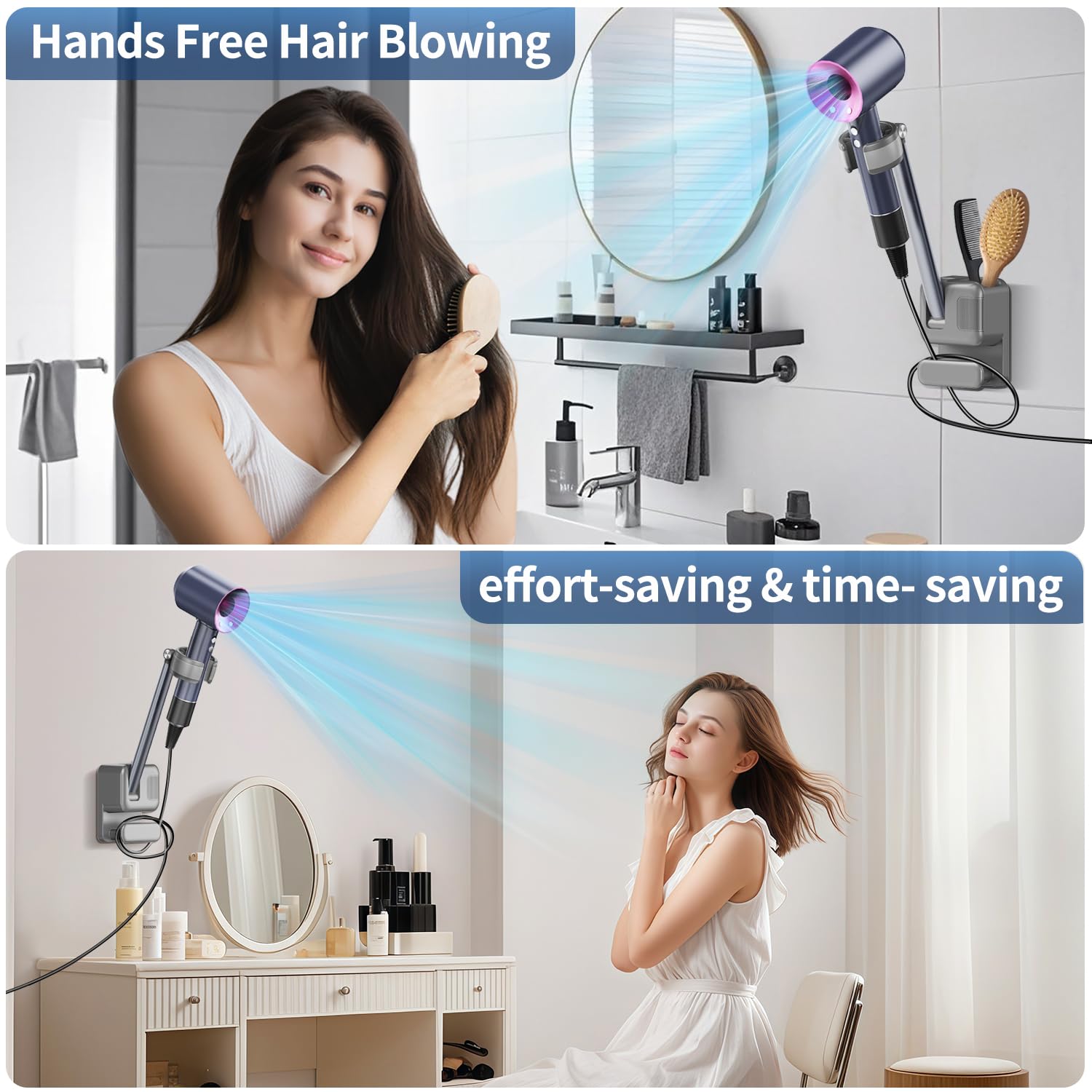 Hands Free Hair Dryer Holder Wall Mount, Adjustable Bathroom Blower Dryer Holder Wall Mounted Hook Rack, Vanity Cabinet Door Hanger Storage, Suitable for Most Walls, Hair Dryers, with Cord Organizer
