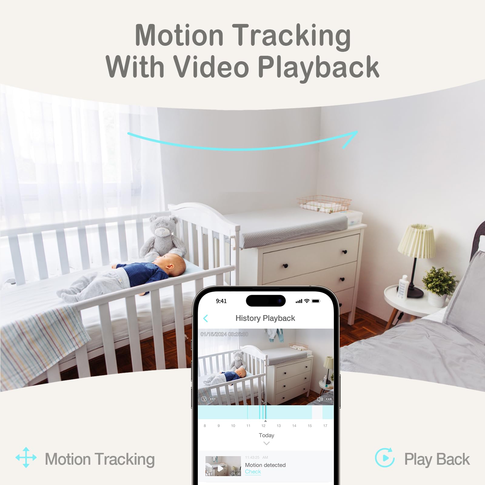 Sense-U Smart 2K Video Baby Monitor, Pan/Tilt, Person/Baby Crying/Motion Detection, 2-Way Talk, Night Vision, Background Audio, No Monthly Fee (Compatible with Smart Baby Monitor)