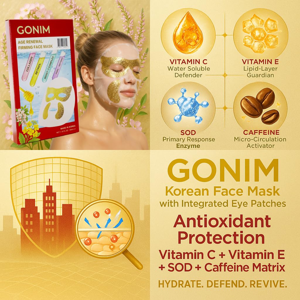 GONIM Korean Face Mask with Integrated Eye Mask Under Eye Patches - PDRN, Collagen Facial Mask, Retinol & Caffeine, Hydrating Face Masks Skincare Gifts for Women Anti Aging Skin Care 1.18ozx4