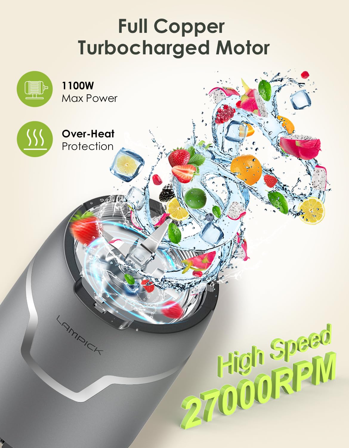 LAMPICK 1300W Smoothie Blender Bundle 1100W Blender and Grinder Combo for Kitchen