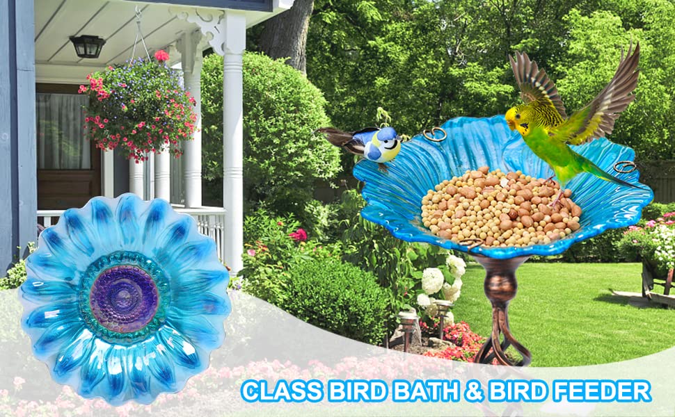 Homight Solar Glass Blue Bird Bath, Yard Art,Garden Outdoor Birdbath with Metal Stake with White LED Light Metal Stake Garden Decor Gifts