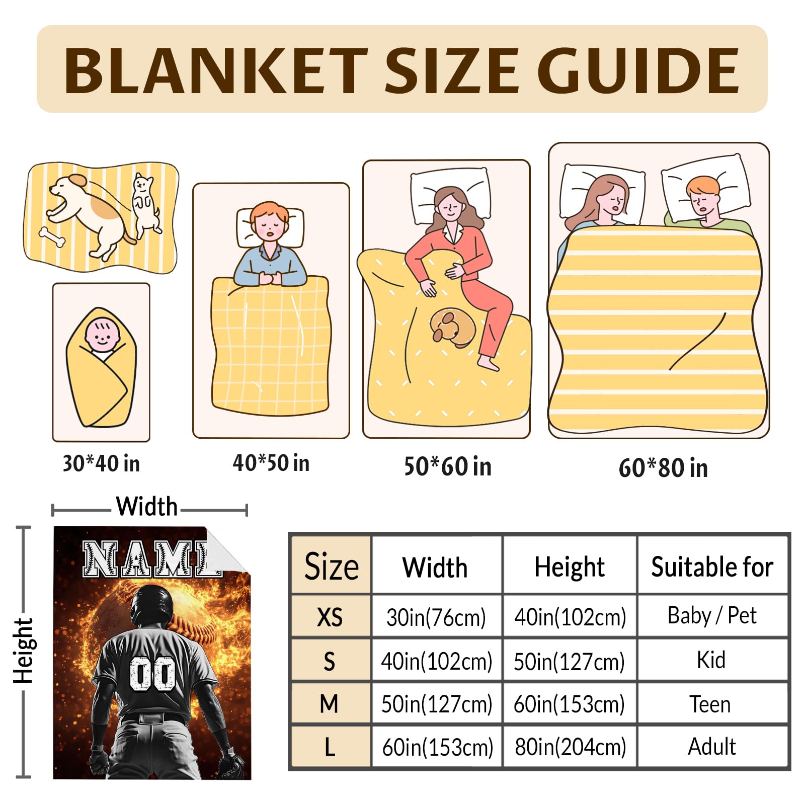 Custom with Name Kids Blankets - 50x40 Inches Small Baseball Themed Gifts for Teens, Boys 8-12, Sports Soft, Cozy & Warm Blanket for Couch, Sofa - Baseball Stuff Gifts for Team Players