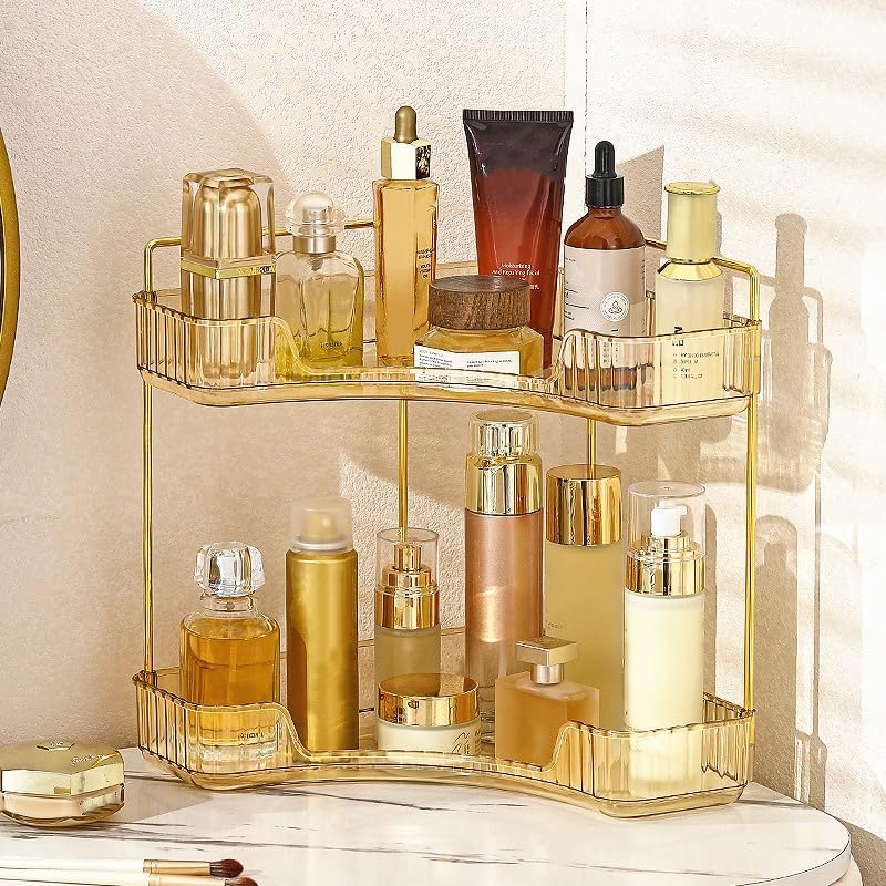 CESTATIVO Corner Bathroom Counter Organizer, Vanity Trays for Bathroom, Skincare Makeup Organizer Shelf, Shelf Cosmetics, Toiletries, Lotions, Perfumes (2 Tiers, Amber)