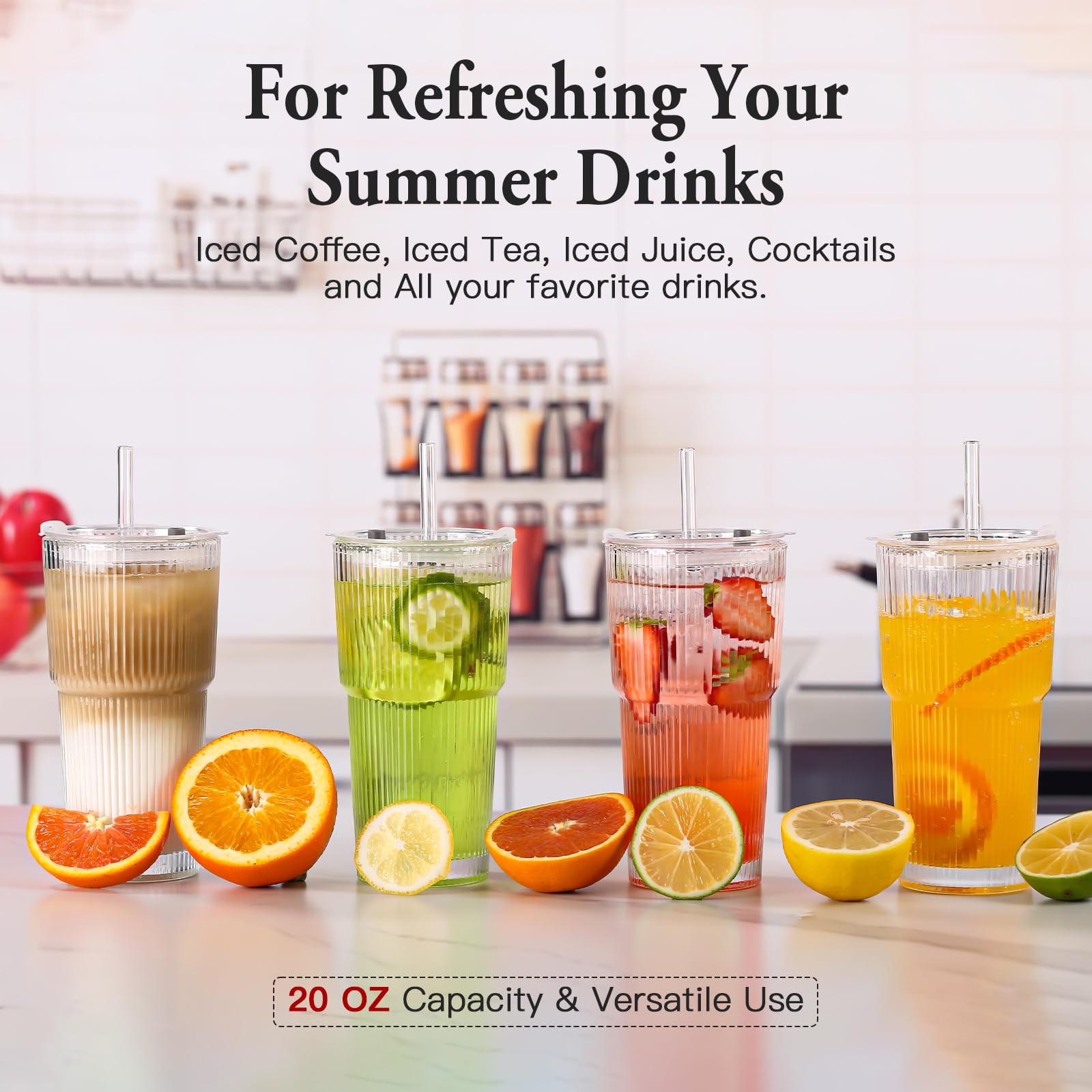 SIPBYSOP 4PCS Ribbed Glass Cups with Lids and Straws, 20oz Vintage Drinking Glasses, Aesthetic Iced Coffee Cups, Glass Tumbler for Boba, Beer, Tea, Cocktails, Ribbed Glassware Set,Clear