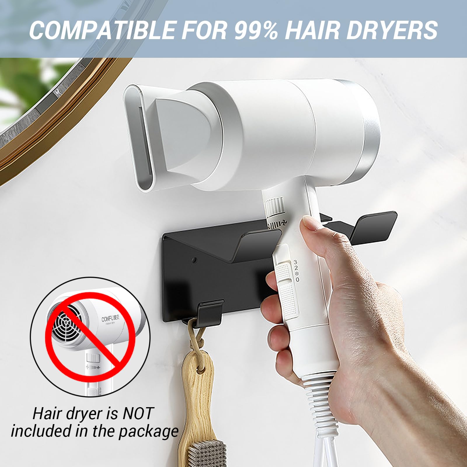 Hair Dryer Holder Wall Mount, Hair Dryer Holder Wall Mount, Upgraded Stainless Steel Hair Dryer Holder, Hair Dryer Holder Maximum Diameter 2.3 Inch (Compatible with Most Hair Dryers)