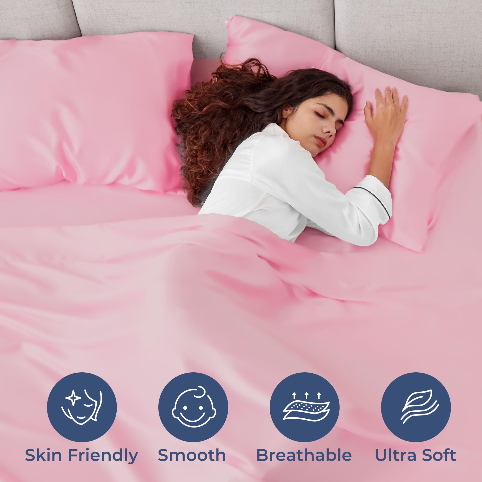 Seasonwood Twin Size Sheet Set Satin Sheets Pink Microfiber Silk Bed Set of 3 with 1 Pillowcase