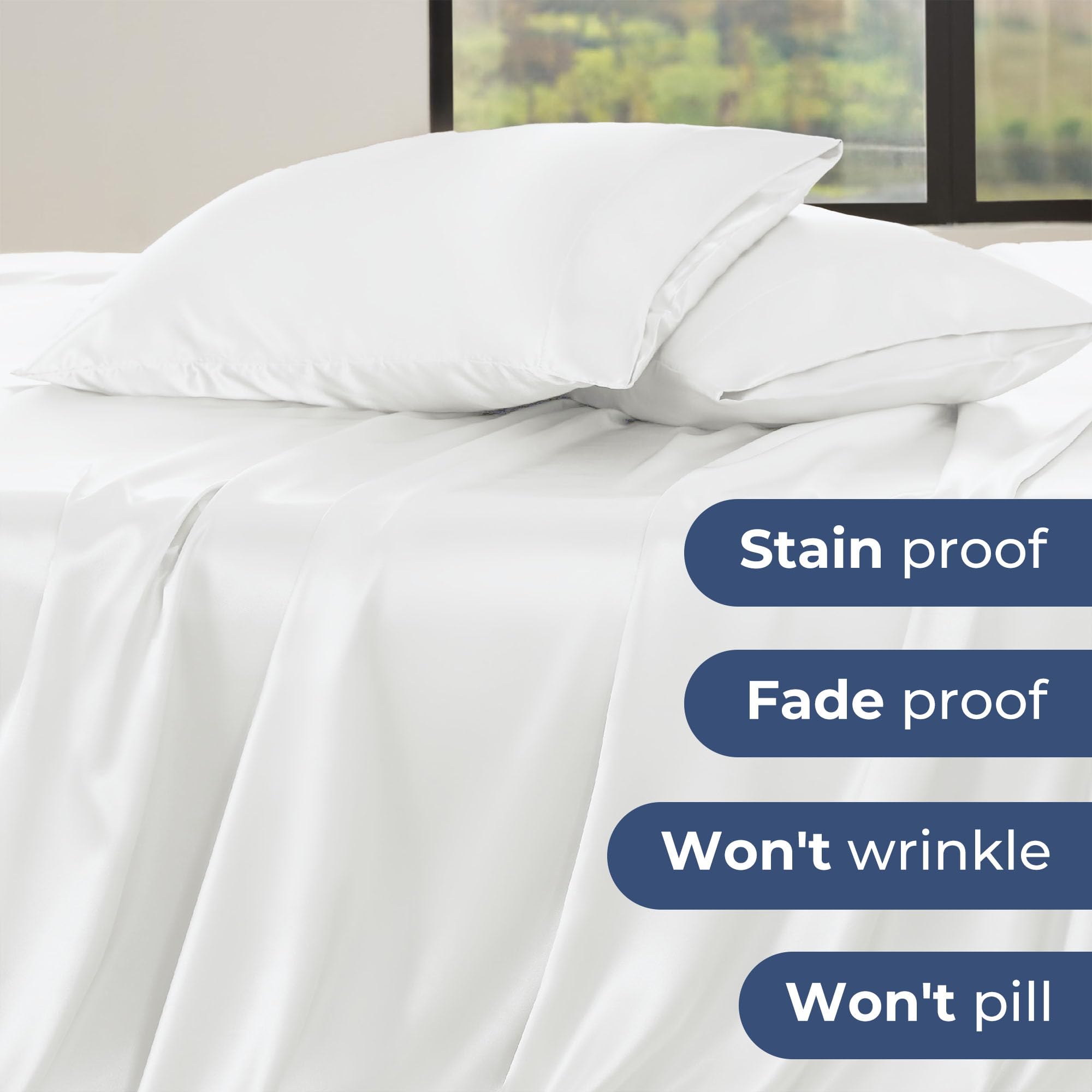 Seasonwood White Satin Sheets King Size 4 Pieces White Bed Set with 2 Pillowcase 20"x40" Microfiber