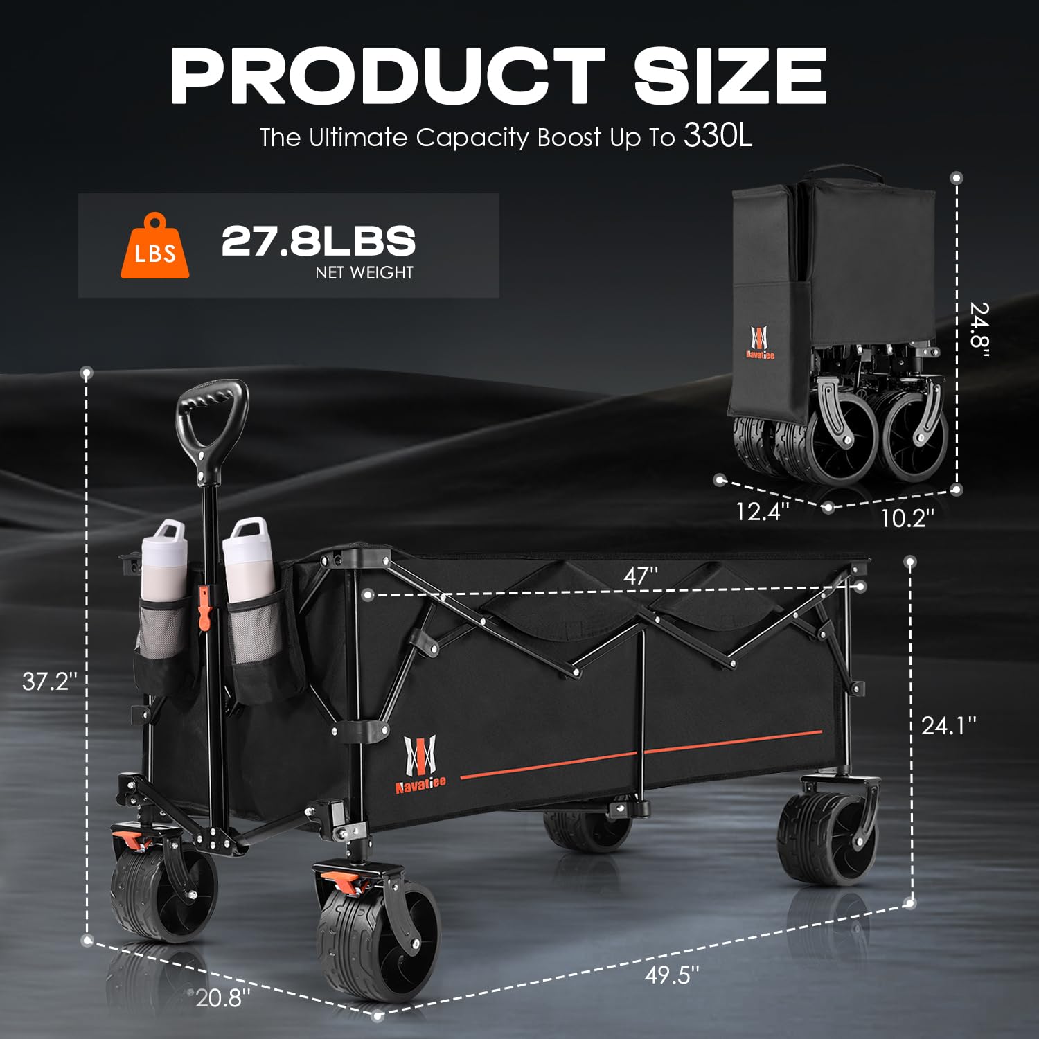 Navatiee 300L Large Collapsible Wagon Cart Foldable, Folding Extended Beach Wagon with 440LBS Weight Capacity and Big All-Terrain Wheels, Heavy Duty Utility Garden Cart for Sports Outdoor