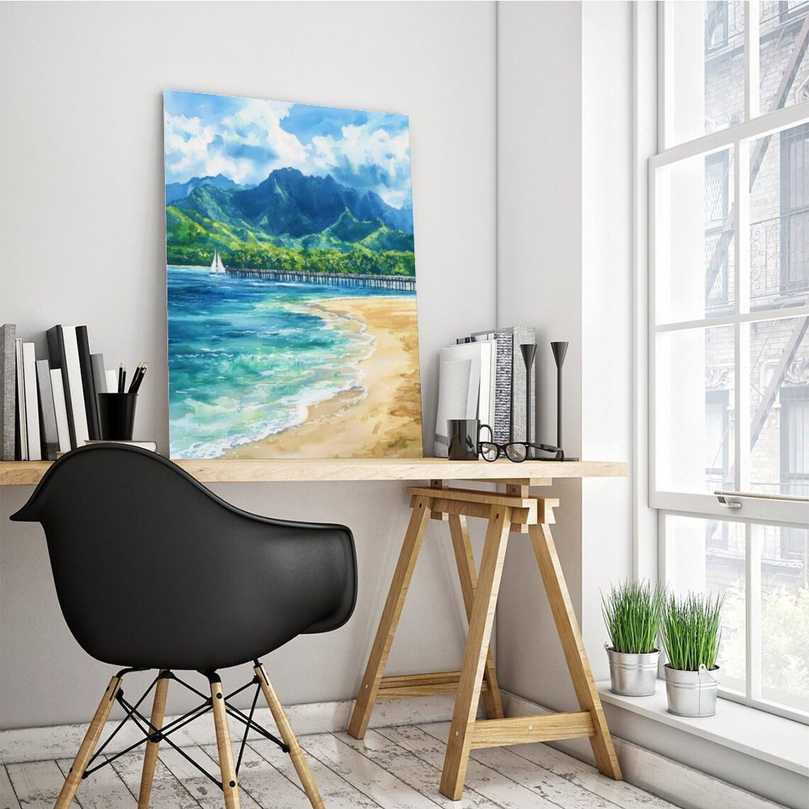 CFIOZYOS Hanalei Bay Watercolor Poster Wall Art Hanalei Bay Wall Hanging Home Décor Gift Art Lovers United States Living Room Office Bedroom Canvas Deco Frame 16x24inch