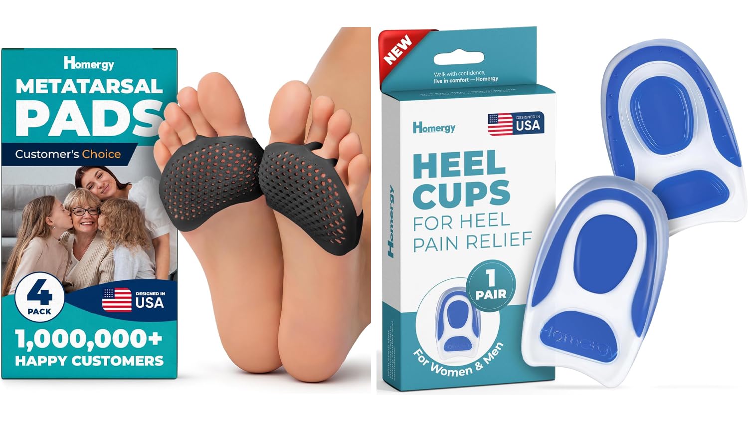 Metatarsal Foot Pads (4-Pack) + Gel Heel Cups (2-Pack, Size M) – All-Day Foot Cushioning Bundle for Forefoot & Heel Comfort, Shock Absorption & Daily Support