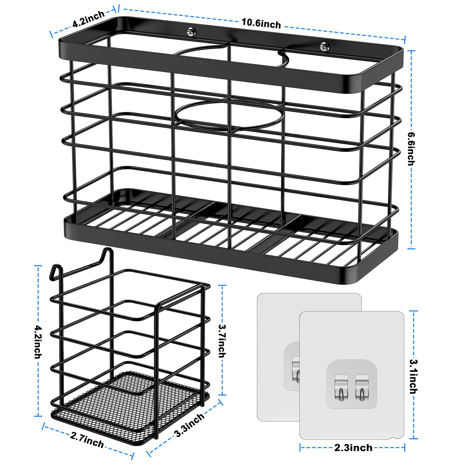 Vecallo Hair Tool Organizer - Black Steel Wall Mounted Hair Dryer Holder with Removable Basket, 10.62"L x 4.33"W x 6.69"H, Ideal for Small Bathrooms