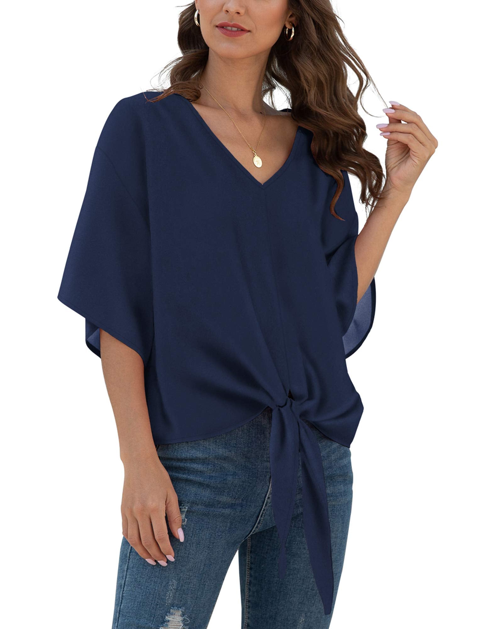 VIISHOW Womens Tie Front Loose Short Sleeve V Neck Blouses Chiffon Tops Summer Shirts(Navy blue,Small)