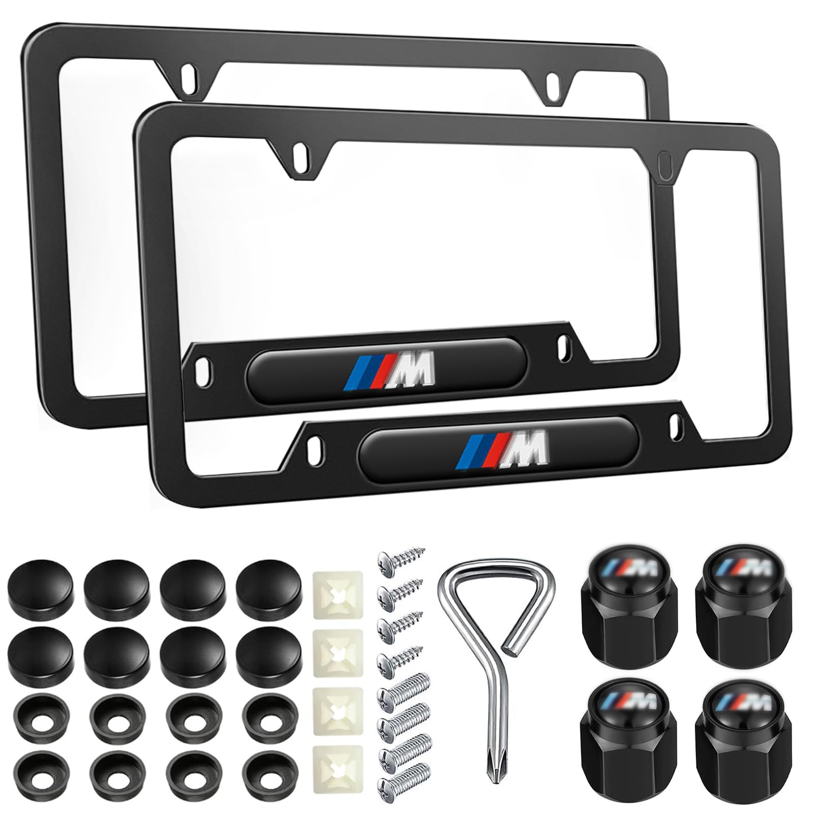 YMJOGGUX Black License Plate Frames Compatible with BMW-M, 2 PCS License Plate Holder, 4 Holes Aluminum Alloy Weather Proof License Plate Frame with Fasteners, Screws, Valve Caps and Tool