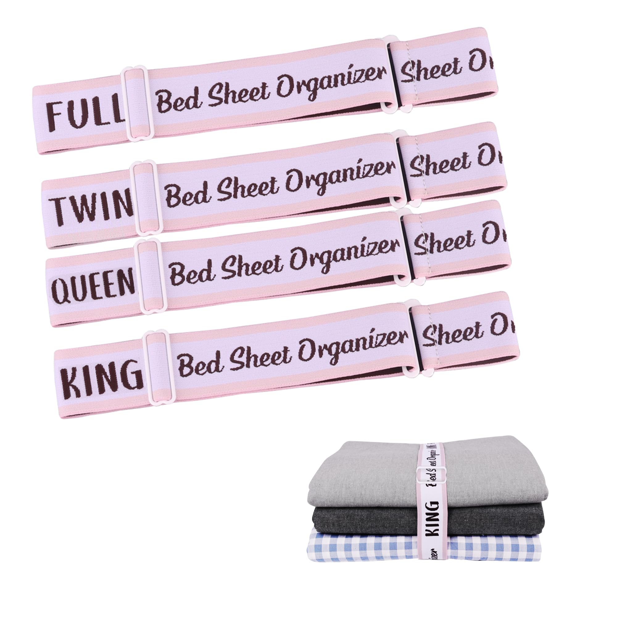 kgalvgcy Upgraded Bed Sheet Organizer Bands 4pcs, Adjustable Bed Sheet Organizers and Storage Label Bands, Elastic Linen Labels for Bed Sheet Sets (King, Queen, Twin, Full)
