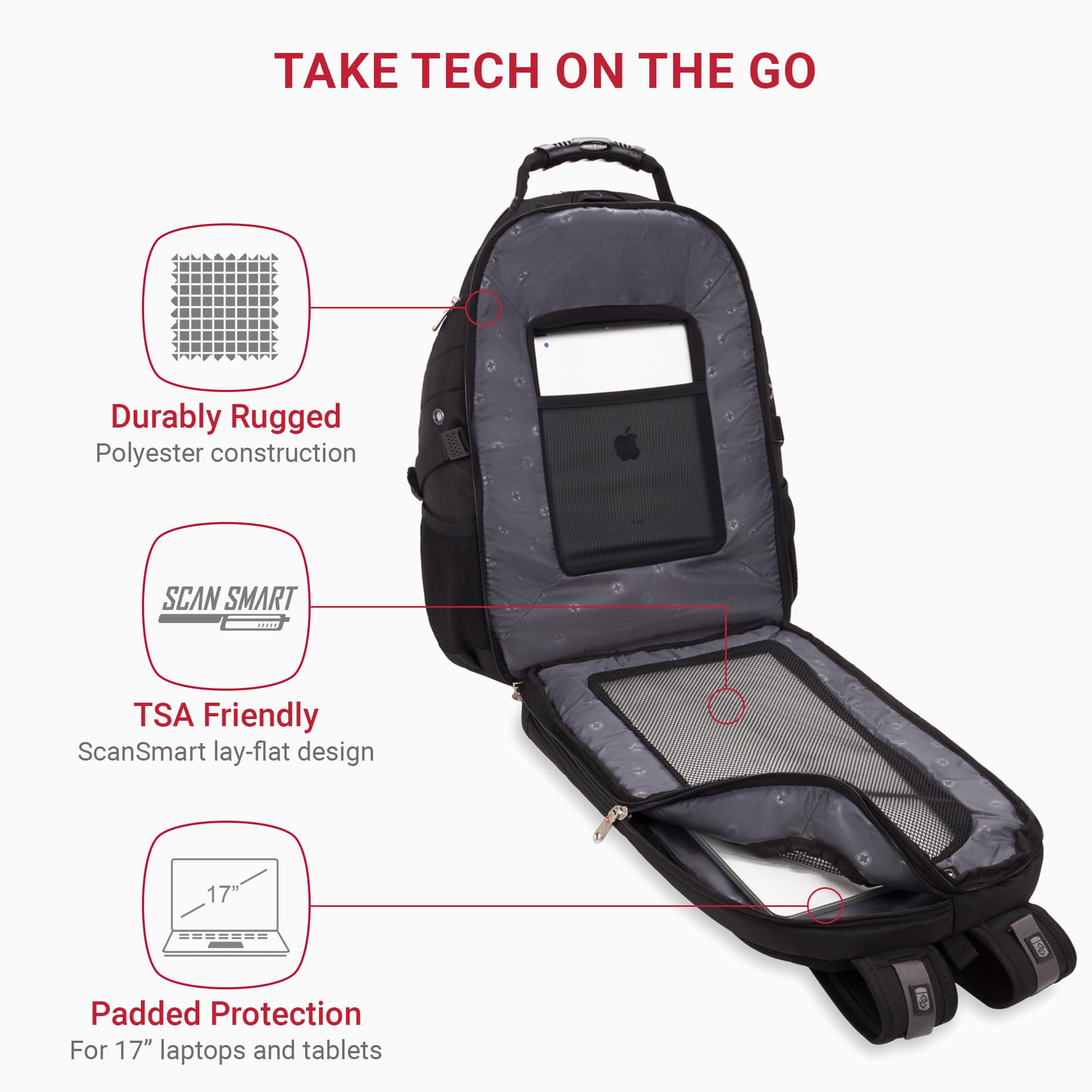 SWISSGEAR 1900 ScanSmart TSA Laptop Backpack Fits 17 Inch Laptop with RFID Protection and Tablet Pocket, Black, 19-Inch