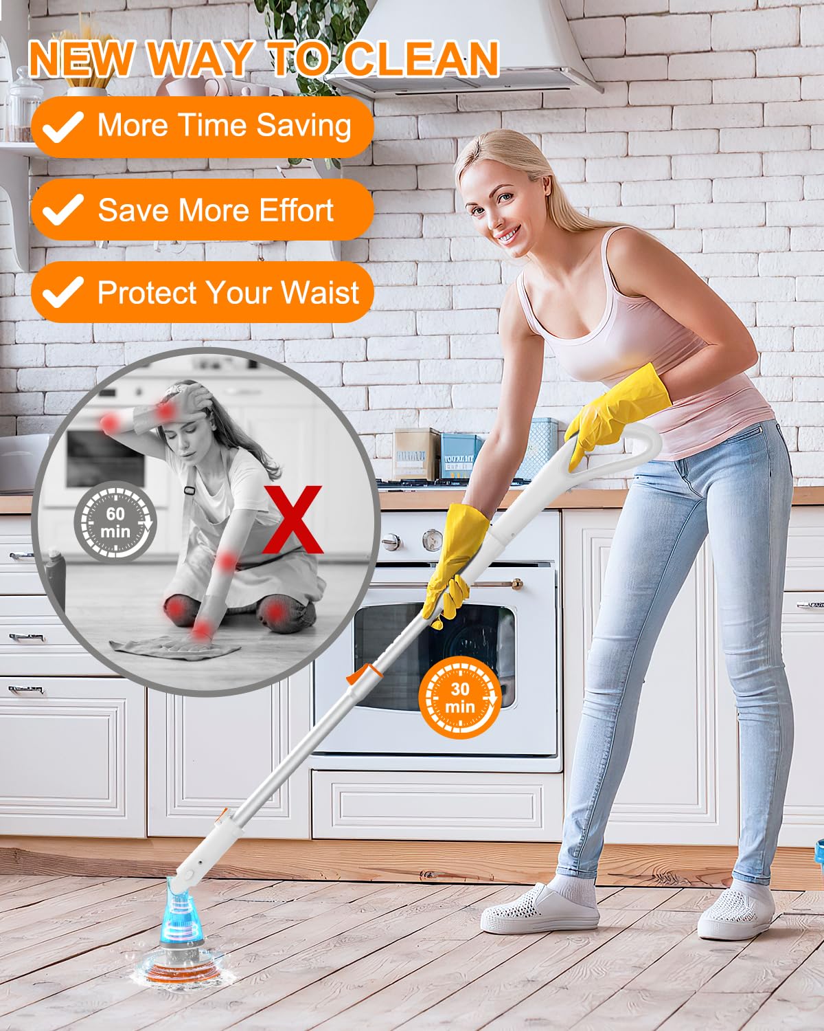 Electric Spin Scrubber - Cordless Spin Scrubber for Cleaning, Power Scrubber for Bathroom with 6 Replaceable Brush Heads & Adjustable Extension Handle, Electric Cleaning Brush for Tub, Car, Floor