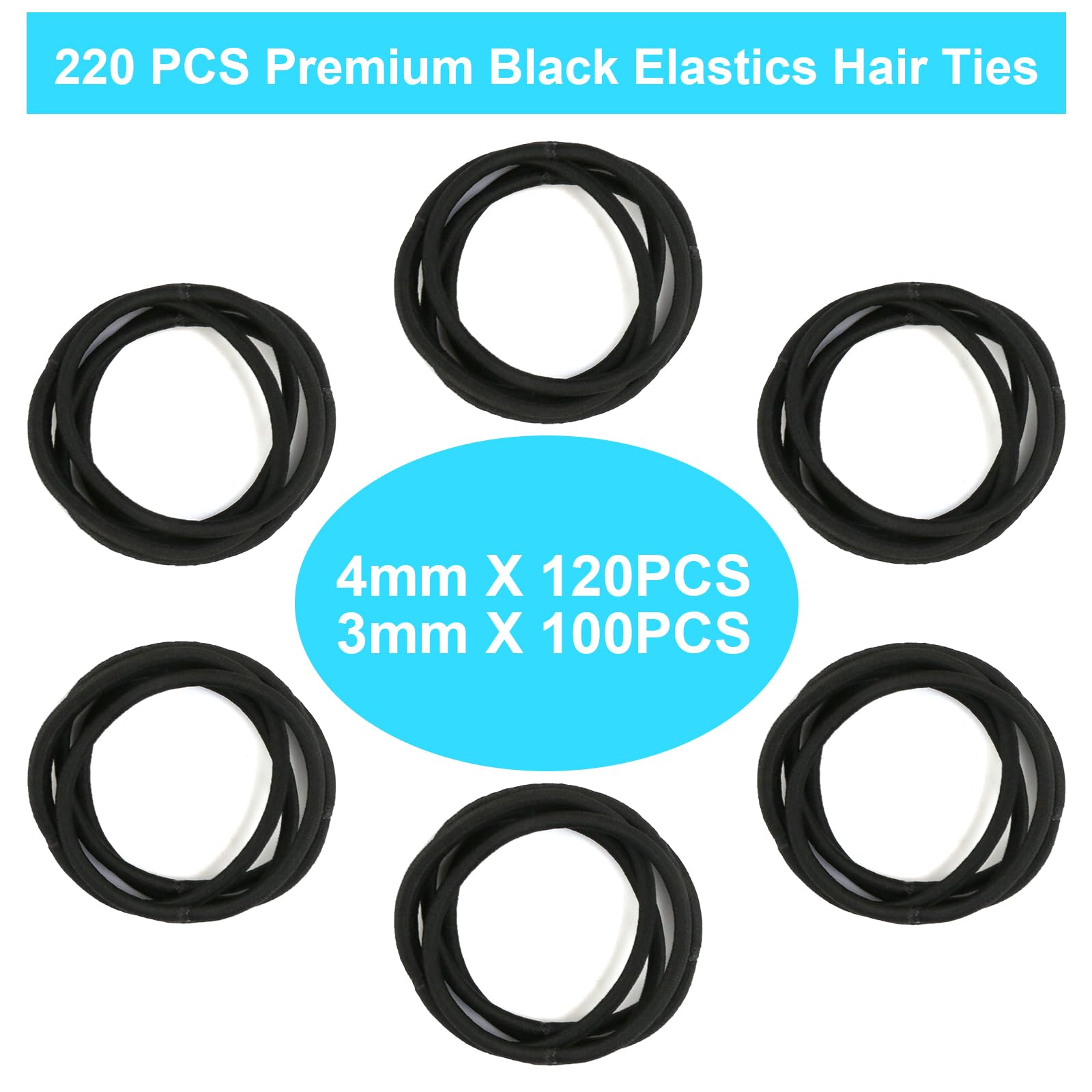 Hair Ties, 220 Pcs Black Hair Ties for Women or Men, Ponytail Holders, Premium Elastic Hair Ties for Thick Hair, Hair Bands for Women's Hair, Hair Tie, Hair Elastics, Hair Band-120Pcs 4mm, 100PCS 3mm