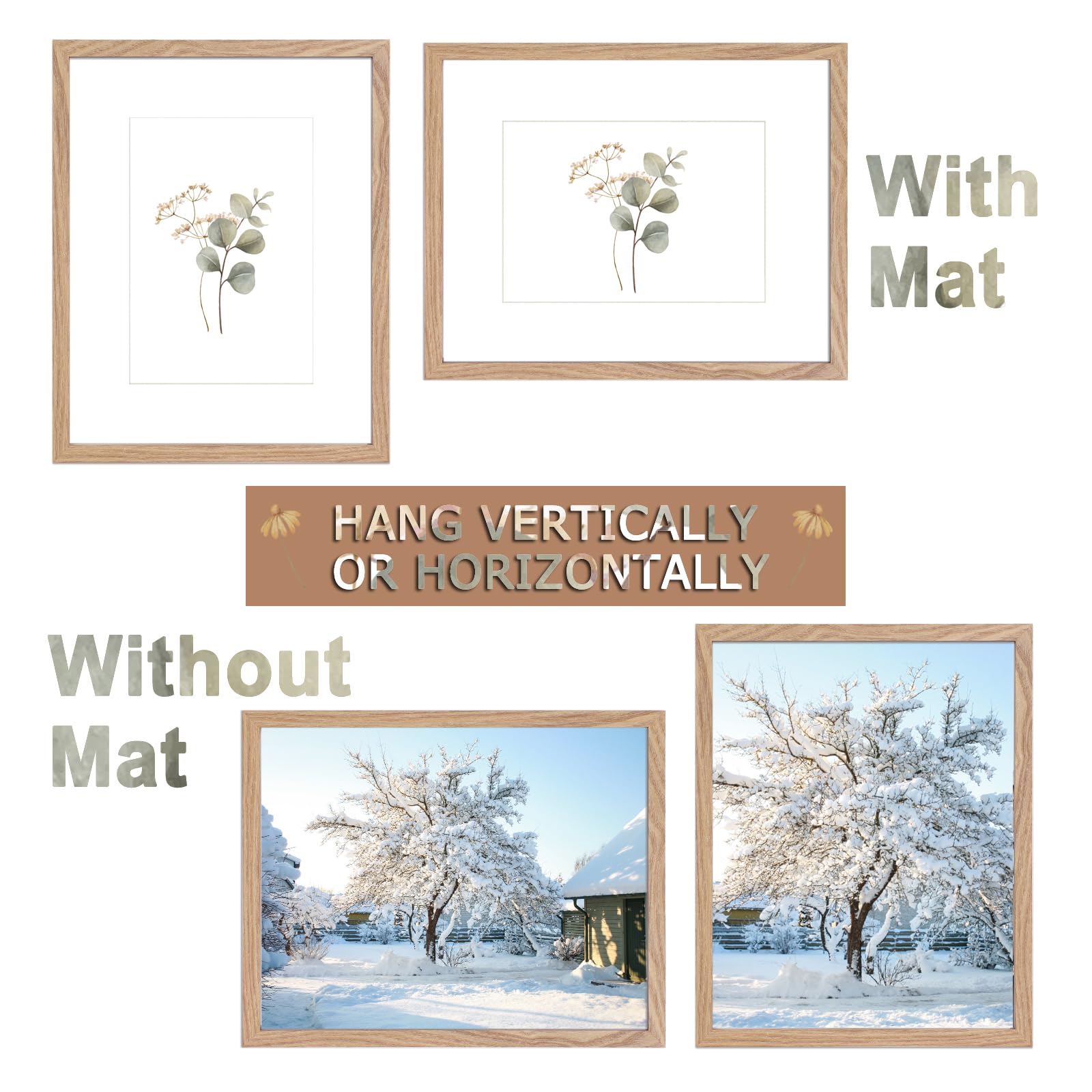 TKYGU11x14 Picture Frame mat to 8x10 set of 2Natural, Minimalist 11x14 Poster Frame, HD tempered glass 11"x14"Wood Frame, MDF Wood Picture Frames for Wall Art Photo and Prints for Home Decor