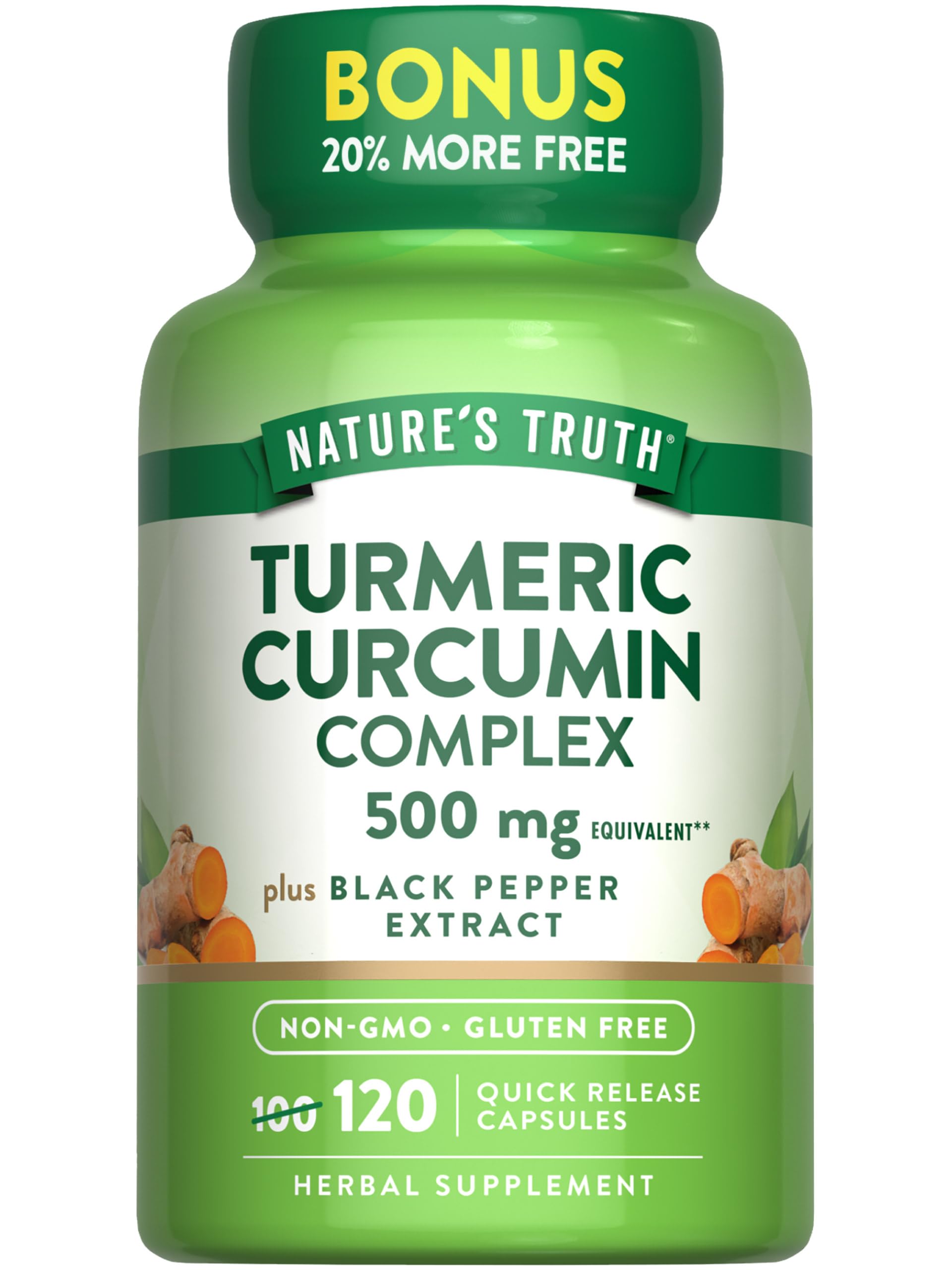 Nature's Truth Turmeric Curcumin 500mg | 120 Capsules | with Black Pepper Extract | Non-GMO and Gluten Free Supplement