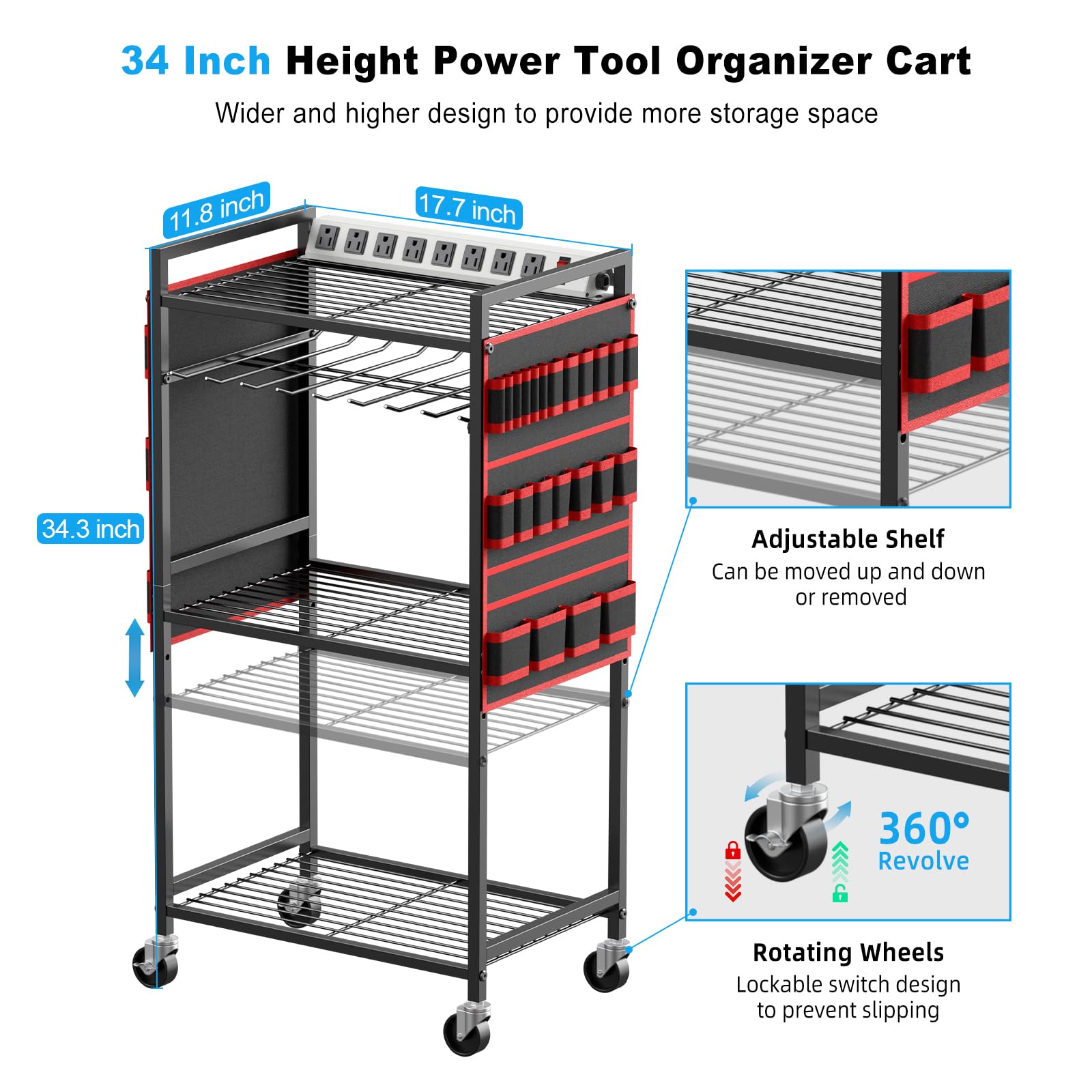 JUNNUJ Large Power Tool Organizer Cart with Charging Station, Garage Floor Standing Rolling Drill and Tools Battery Storage Cart on Wheels, Heavy Duty Utility Rack Shelf with 8 Outlet Power Strip