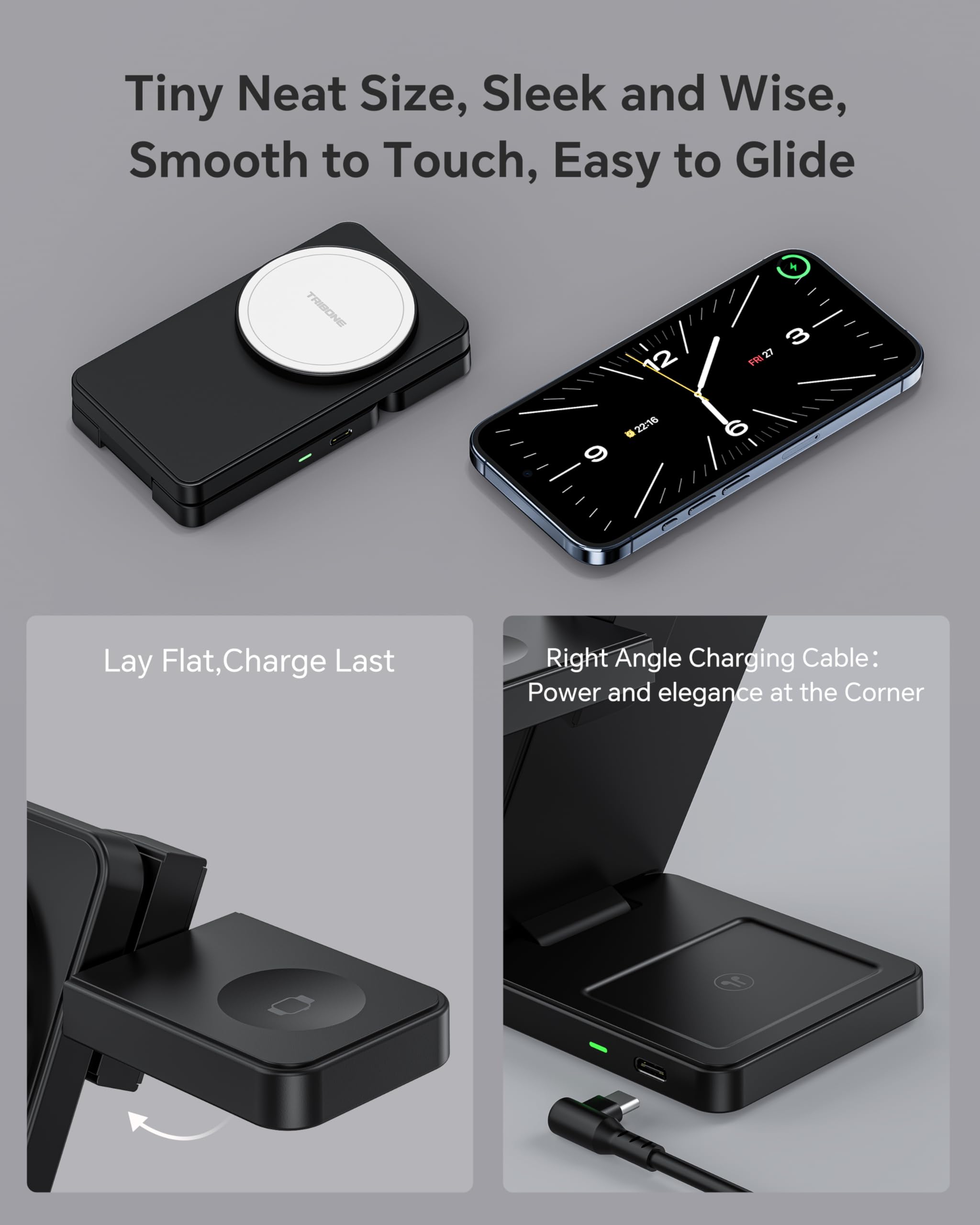 3 in 1 Charging Station for iPhone 16 15 14 13 12, 11 X 8 Series (with MagSafe Case), Wireless Charger for Apple Watch,Travel Magnetic Charging Stand for AirPods (Black-White)