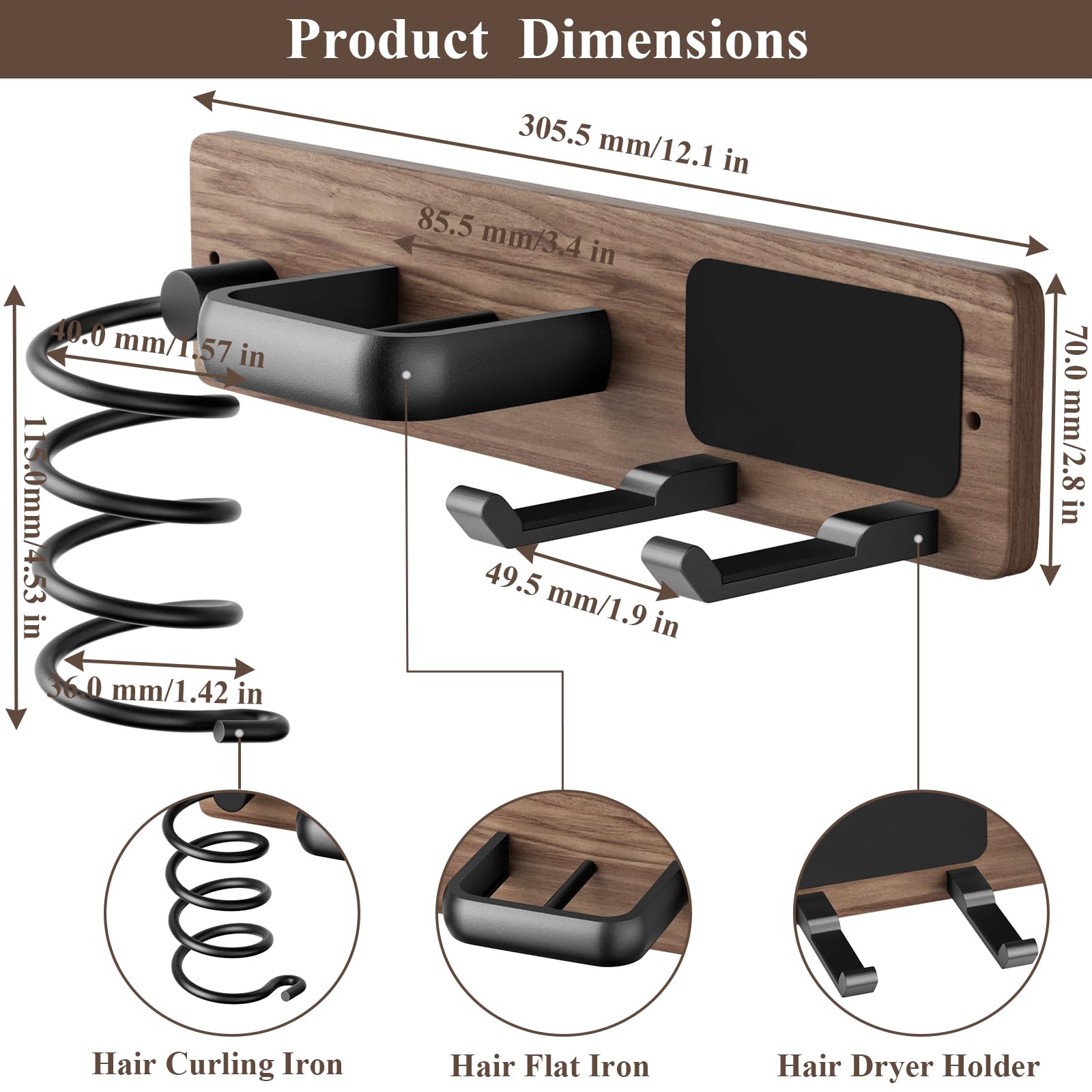 Tindbea Hair Dryer Holder Curling Iron Holder Flat Iron, Blow Dryer Holder Wall Mount, 3 in 1 Bathroom Hair Tool Organizer Rack for Universal Dryer, Walnut Matte Black