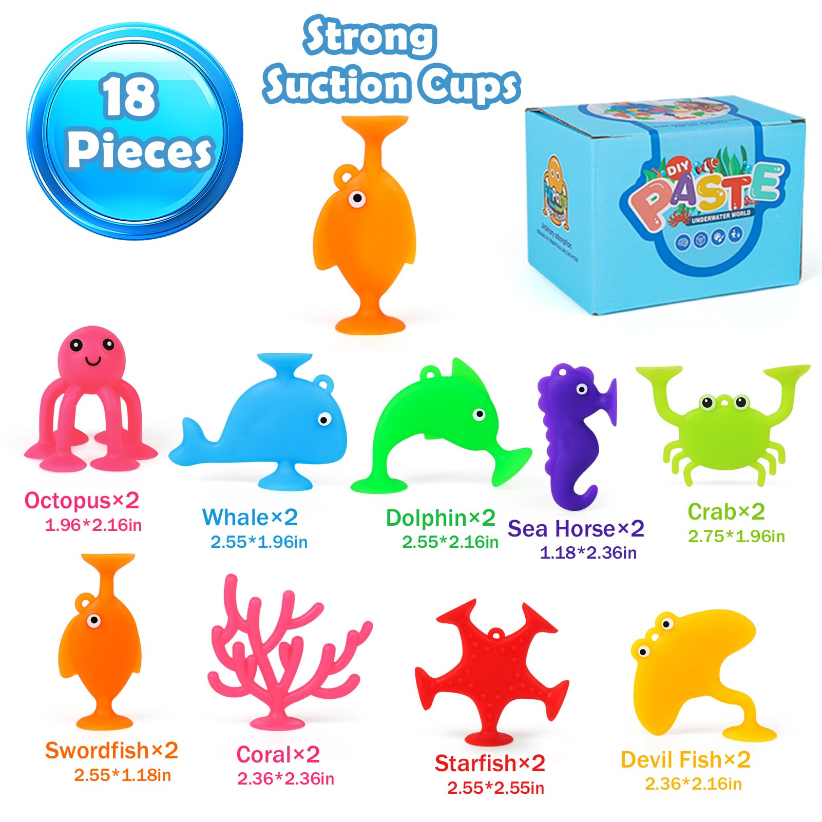 Baby Suction Cup Toys, 18 PCS Silicone Ocean Animals Suckers, Bath Toys for Kids Ages 4-8, Sensory Window Travel Easter Stuffers Toys for Toddlers Boys Girls 3 4 5 6 Year Old