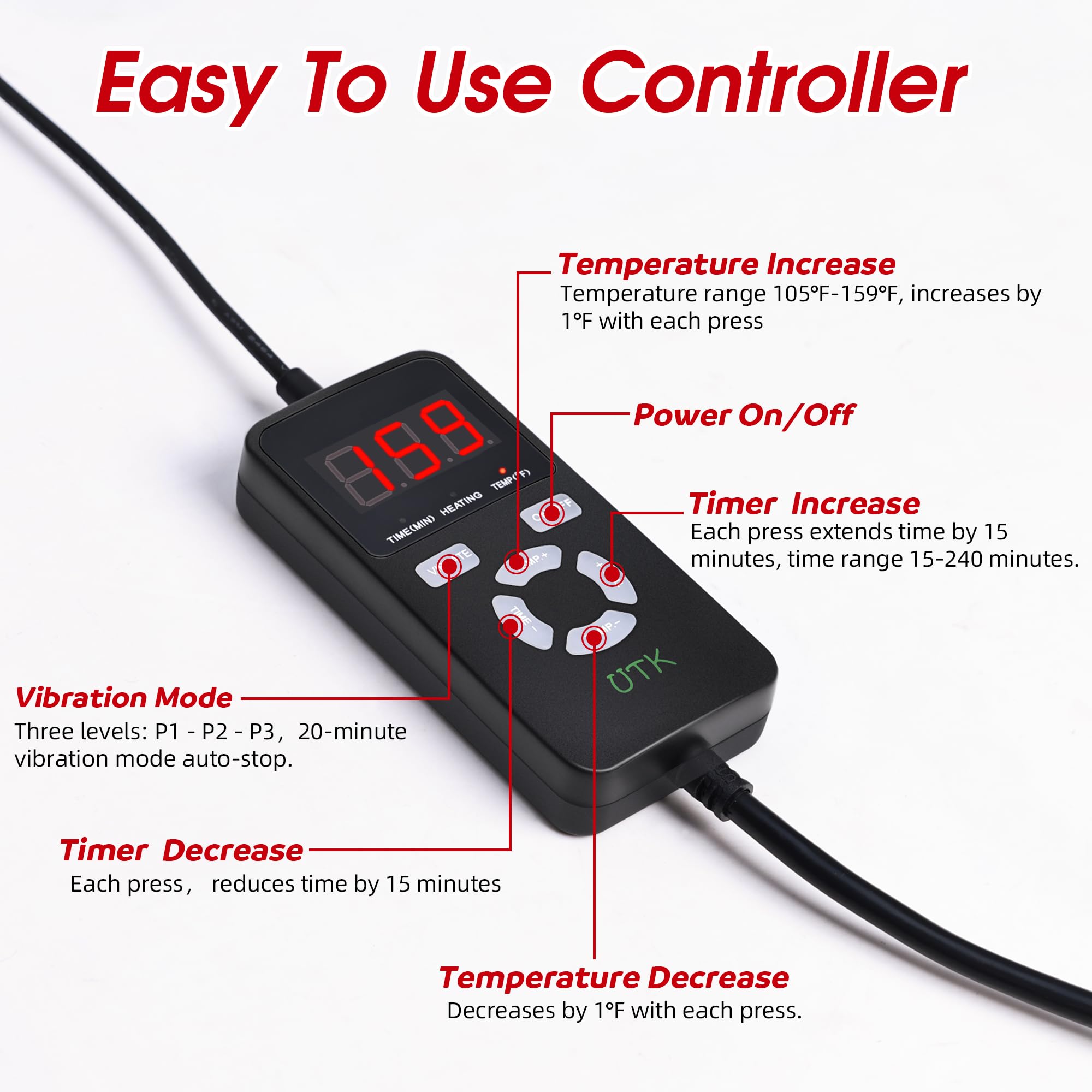 UTK Far Infrared Vibrating Heating Pad with Vibration Massage for Lower Back Pain. 3 Vibration Modes, Smart Controller, Hot Enough (103℉-159℉),Back Pain Relief,S-XXXXL