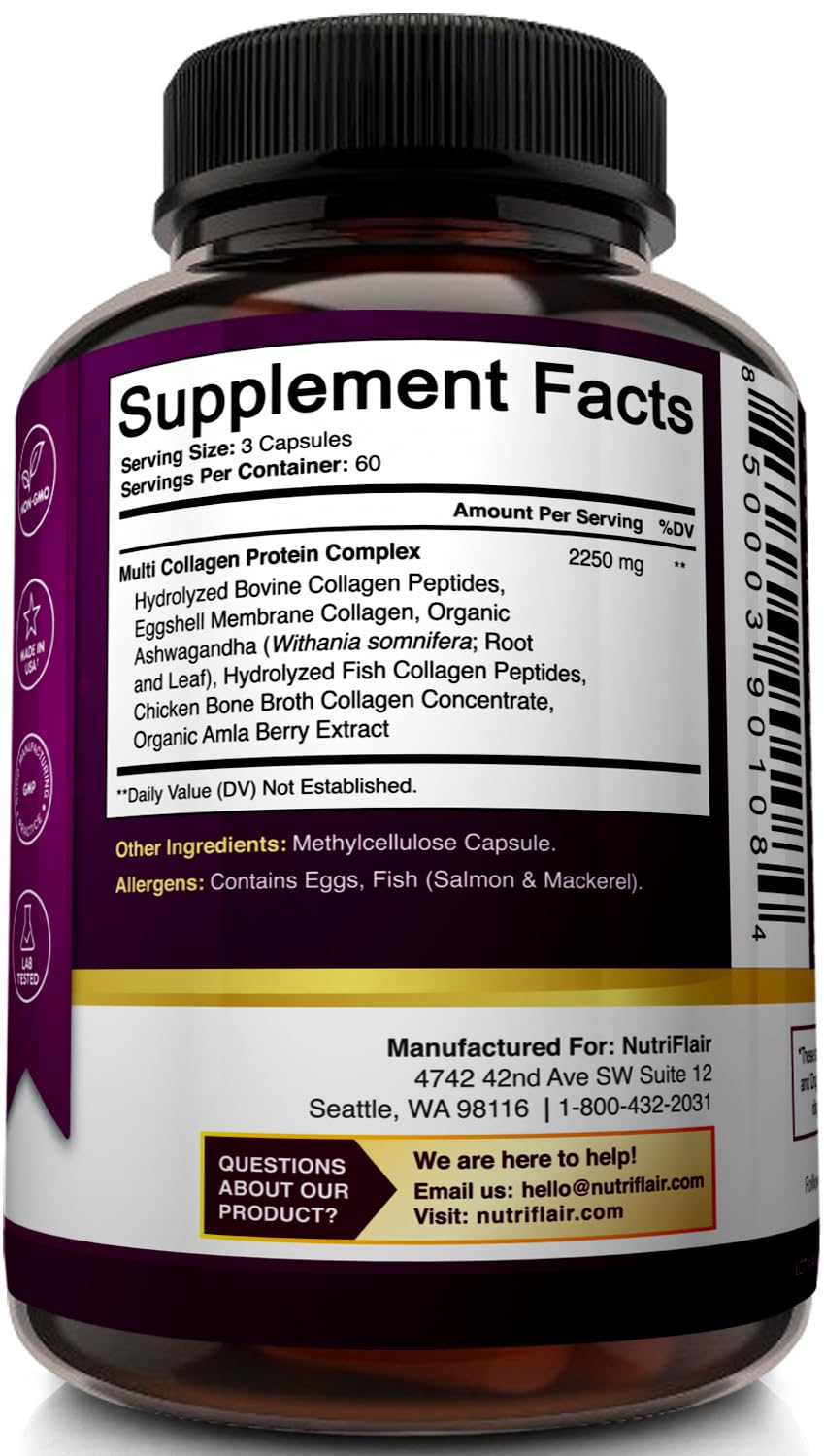 NutriFlair Multi Collagen Peptides 2250mg - Type I, II, III, V, X - Collagen Supplements Complex Powder Pills for Women and Men - Hydrolyzed Protein, Healthy Hair, Skin, Nails - Non-GMO (180 Capsules)