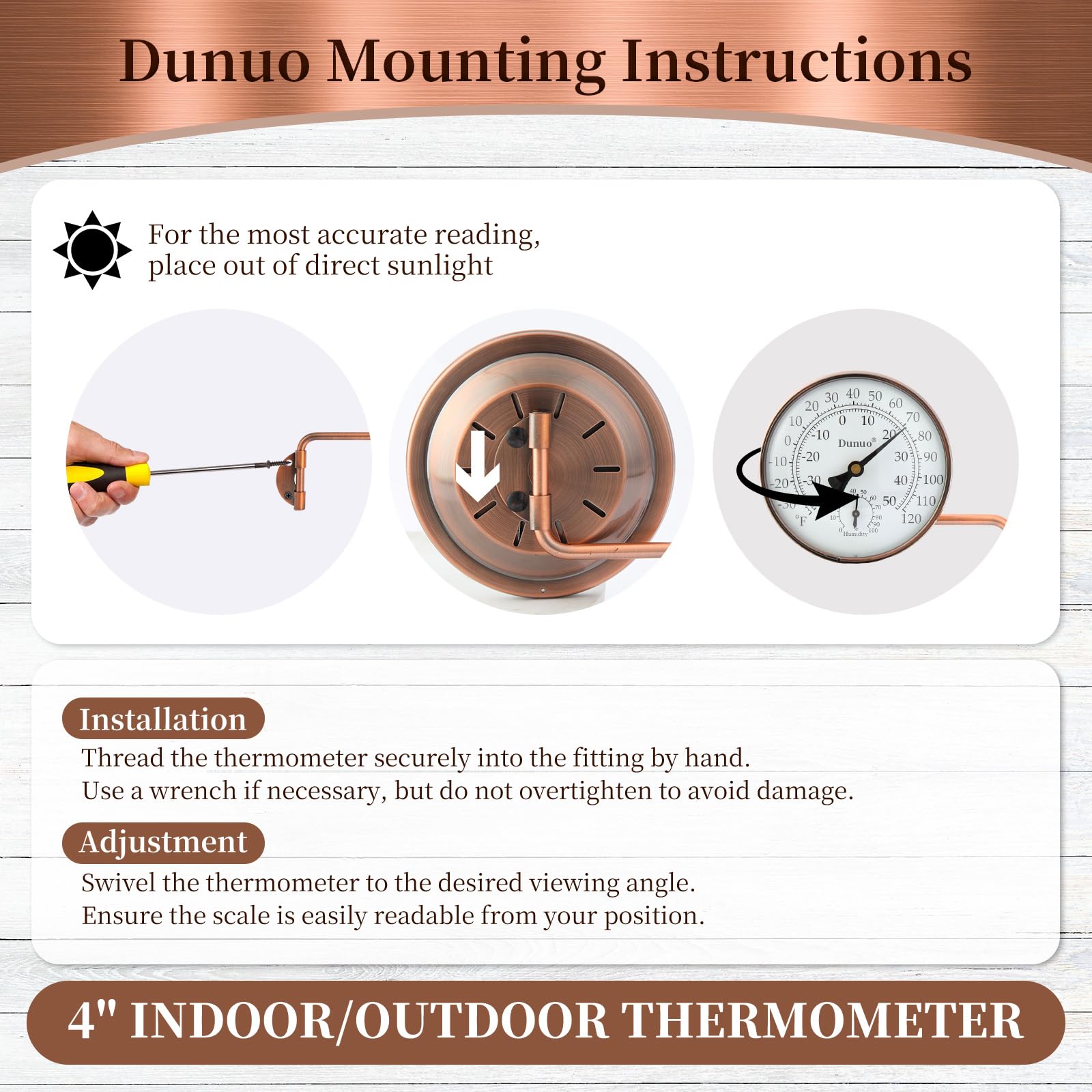 Dunuo 4" Brass Outdoor Thermometer, Indoor Thermometer for Room – Analog Wall-Mount Temperature Gauge with Humidity – Decorative for Patio, Garage, House, Greenhouse, Window, Antique Bronze