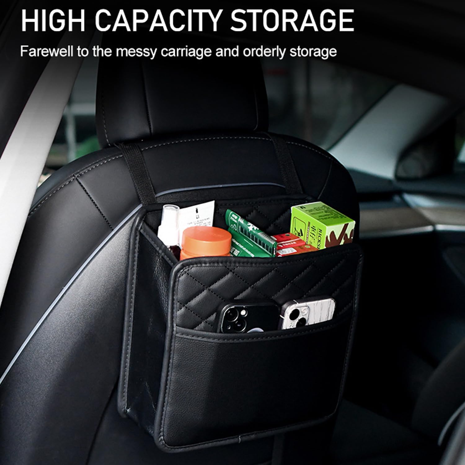 LXUNYI Car Seat Organizer,2 Pack Waterproof Pu Leather Backseat Car Organizer and Storage Bag Foldable Universal Hanging Car Seat Back Organizers for Kids & Adults Car Travel Accessories(Black)