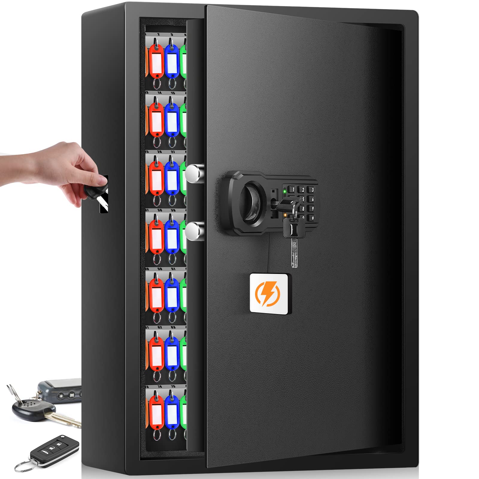 144 Keys Fireproof Key Cabinet, Anti-Theft Heavy Duty Key Lock Box with Key Tags, Adjustable Key Organizer Wall Safe with Combination Lock for Car Office House Garage Rental Business
