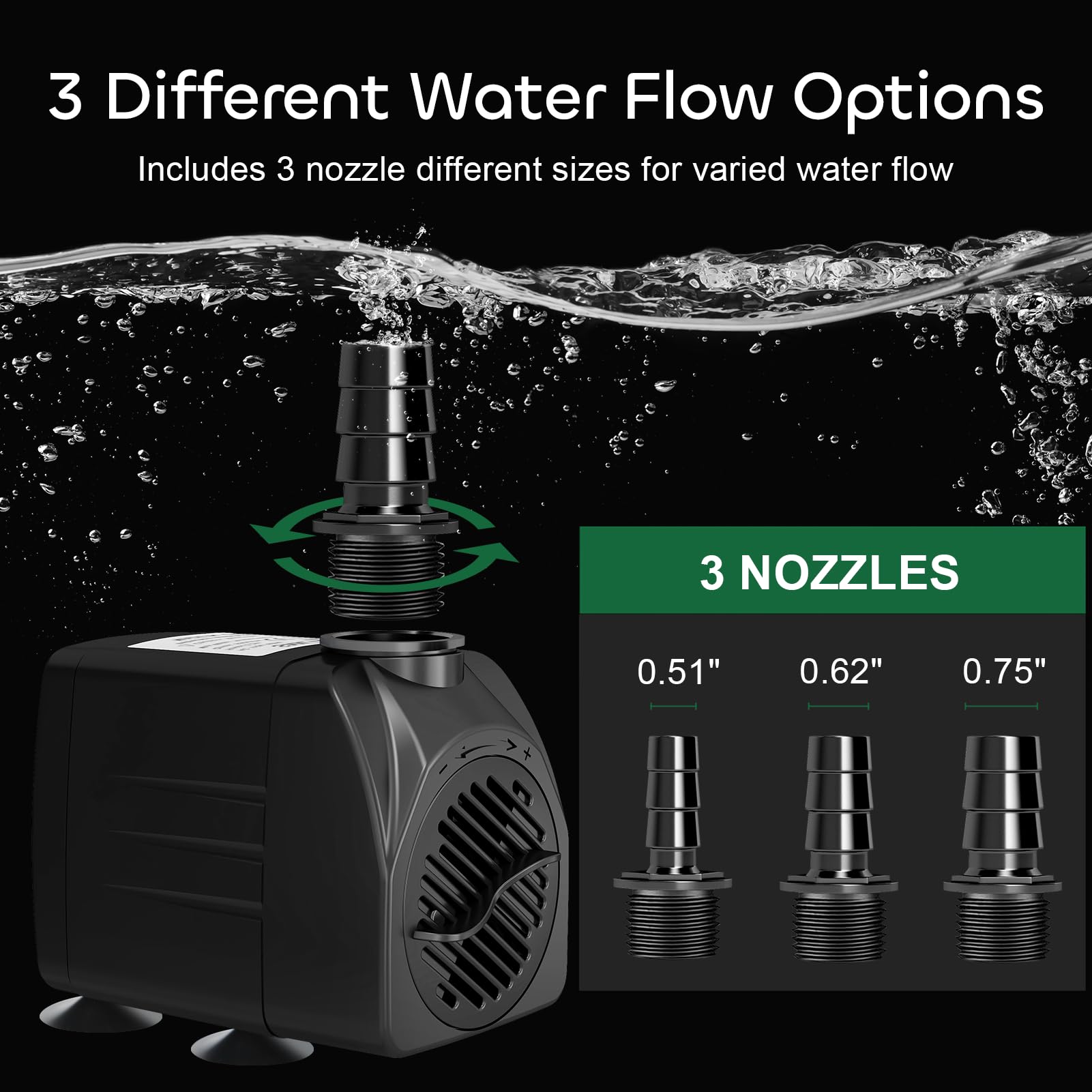 GROWNEER 550GPH Submersible Pump 30W Ultra Quiet Fountain Water Pump, 2000L/H, with 7.2ft High Lift, 3 Nozzles for Aquarium, Fish Tank, Pond, Hydroponics, Statuary Black