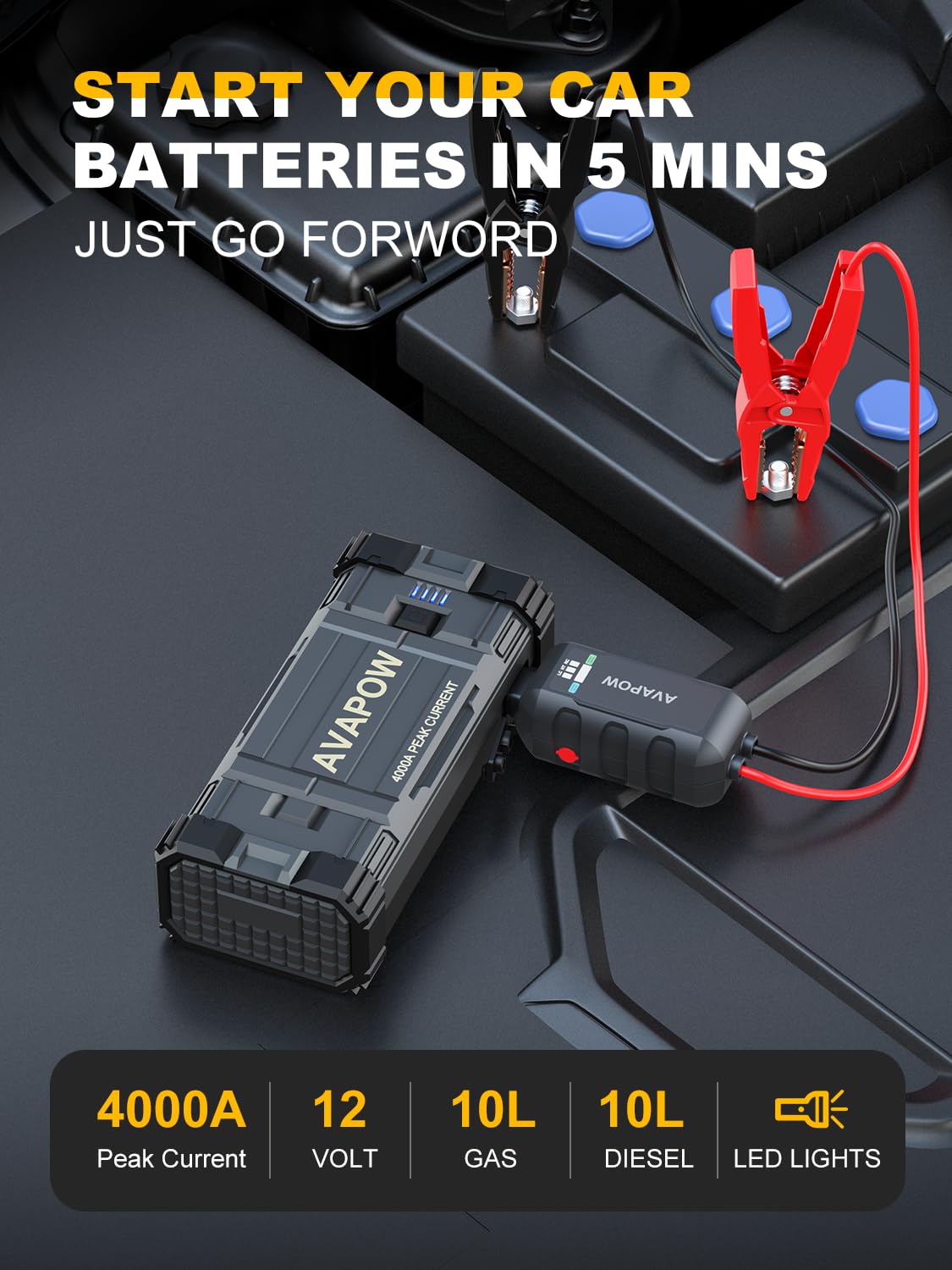AVAPOW Car Jump Starter, 4000A Peak Battery (for All Gas or Up to 10L Diesel), Portable Booster Power Pack, 12V Auto Jump Box with LED Light, USB Quick Charge 3.0