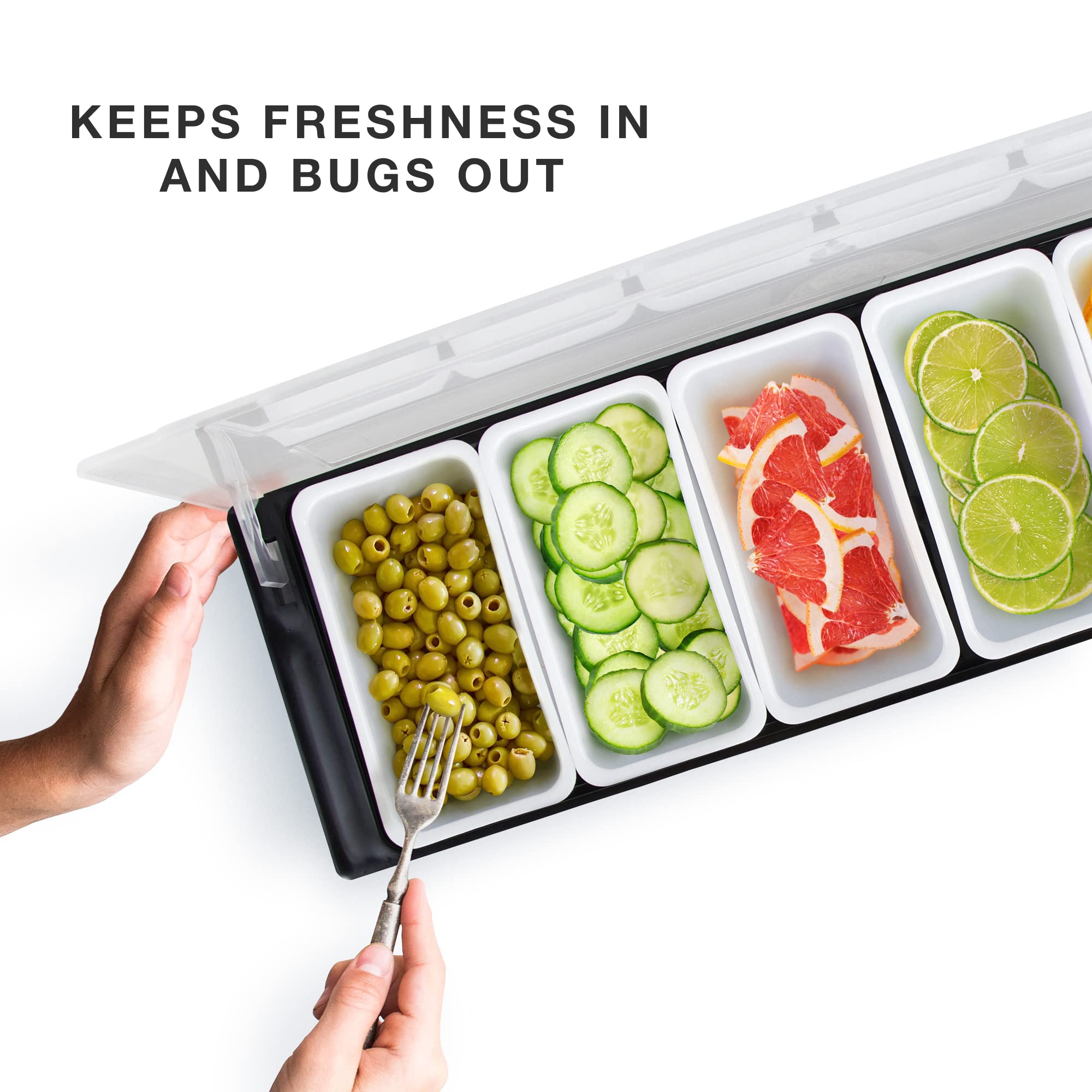 Cocktailor 6 Tray Bar Top Food & Garnish Station with Lid - Condiment Dispender for Bartending, Taco Bar, Ice Cream, Fruit, Salad Bar - Topping Organizer for Restaurant Supplies & Accessories