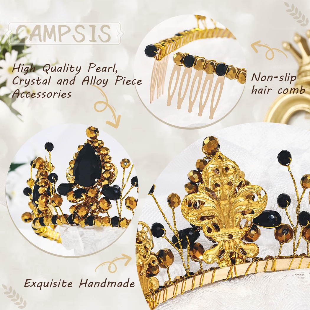 Campsis Baroque Crown and Tiaras Black and Gold Queen Crown Rhinestone Wedding Crowns with Comb Party Prom Renaissance Accessories for Women
