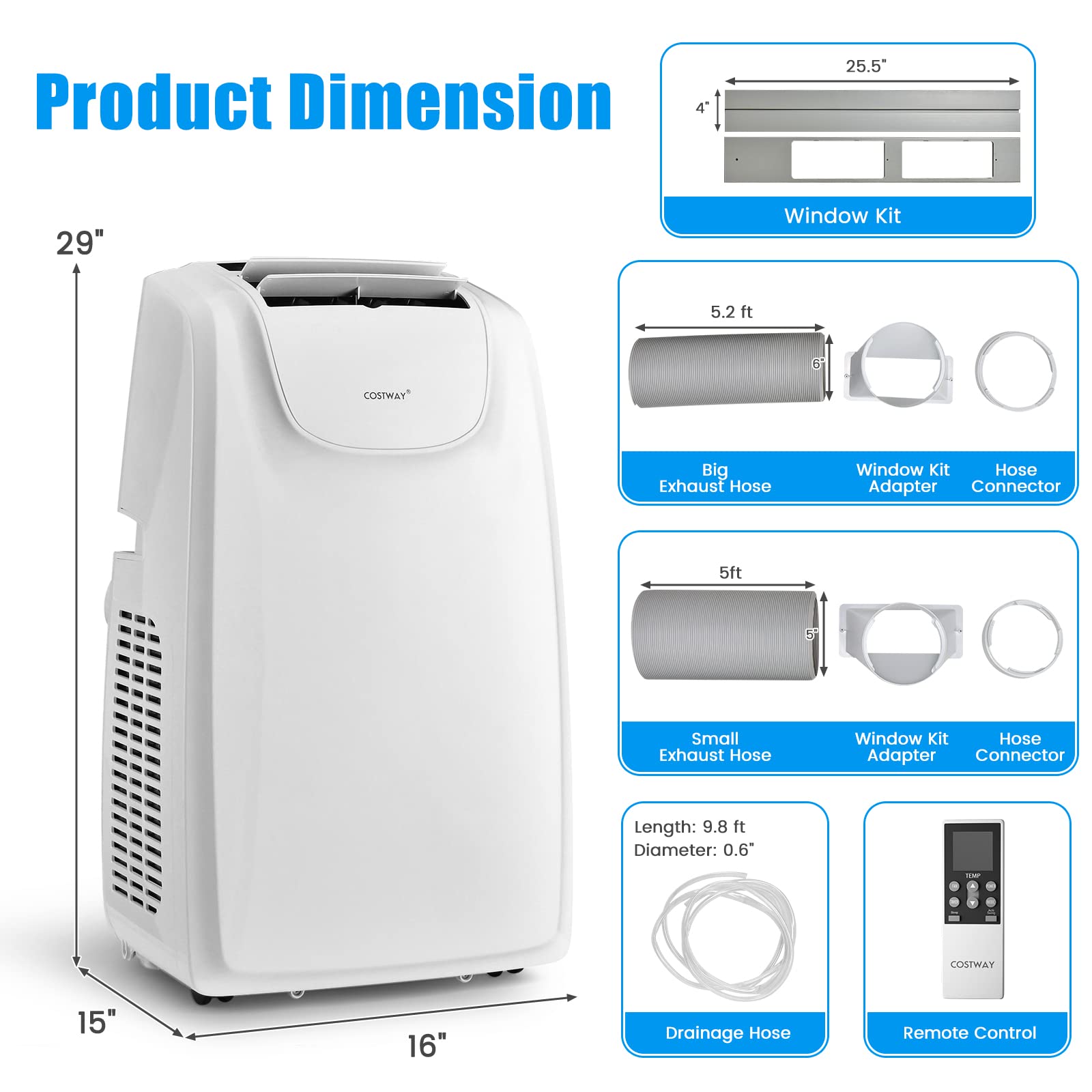 COSTWAY 11,500 BTU Portable Air Conditioner, with Dual Hose, Remote Control, Powerful AC Unit Rooms up to 400 Sq.Ft. with Dehumidifier, Fan, Sleep Mode, 24H Timer & Window Installation Kit