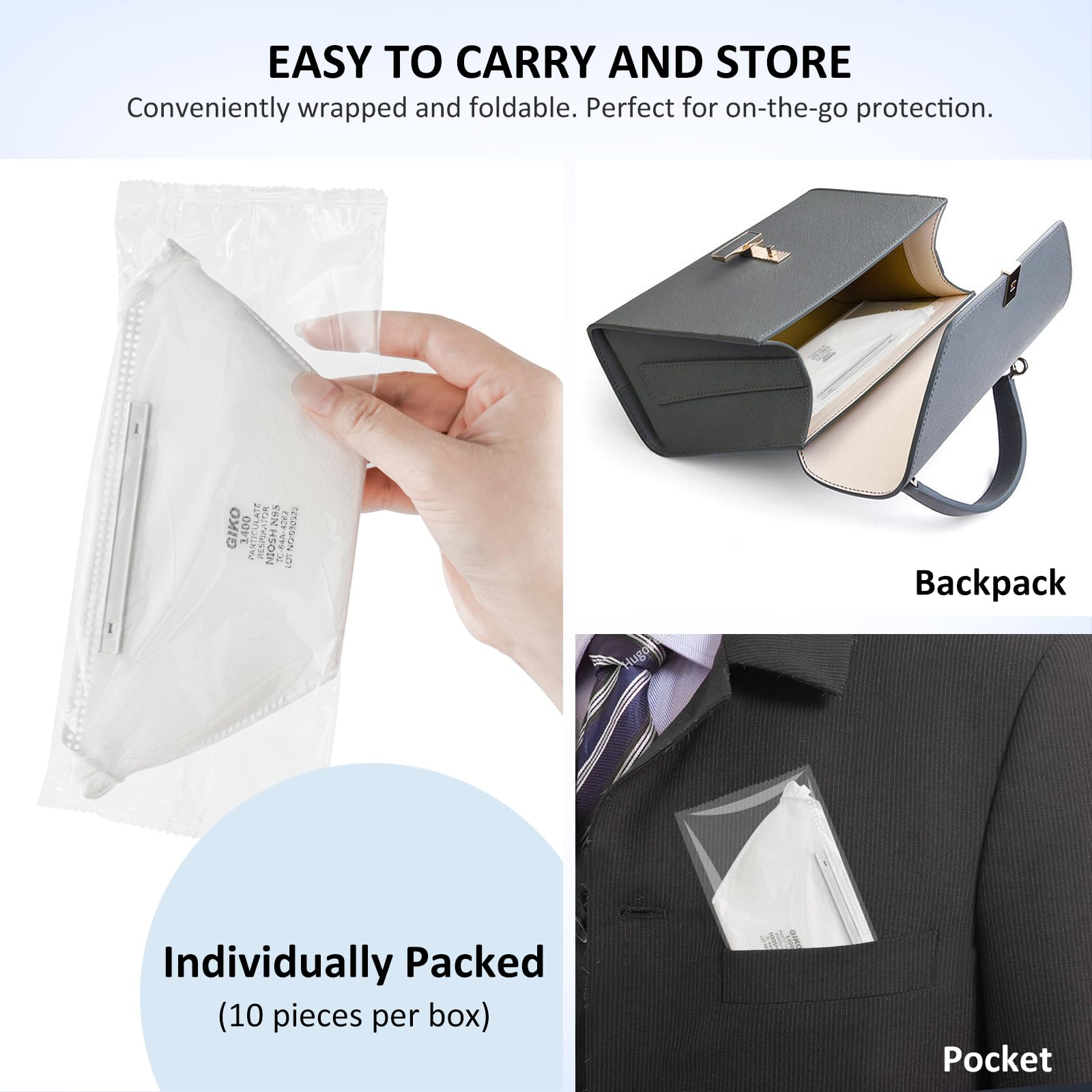GIKO N95 Respirator Mask 10Pcs Individually Wrapped NIOSH Approved N95 Particulate Respirator for Adult, Men, Women, White