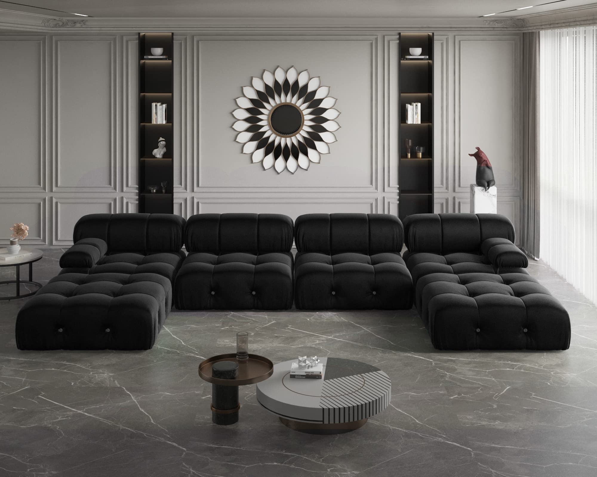 JACH 138" Black Sectional Couches, U-Shaped Minimalist Velvet Sofas, Convertible Modular Sofa, Luxury Modern 6-Seats Couch Sectional with Chaise Ottomans for Living Room Bedroom Office Apartment