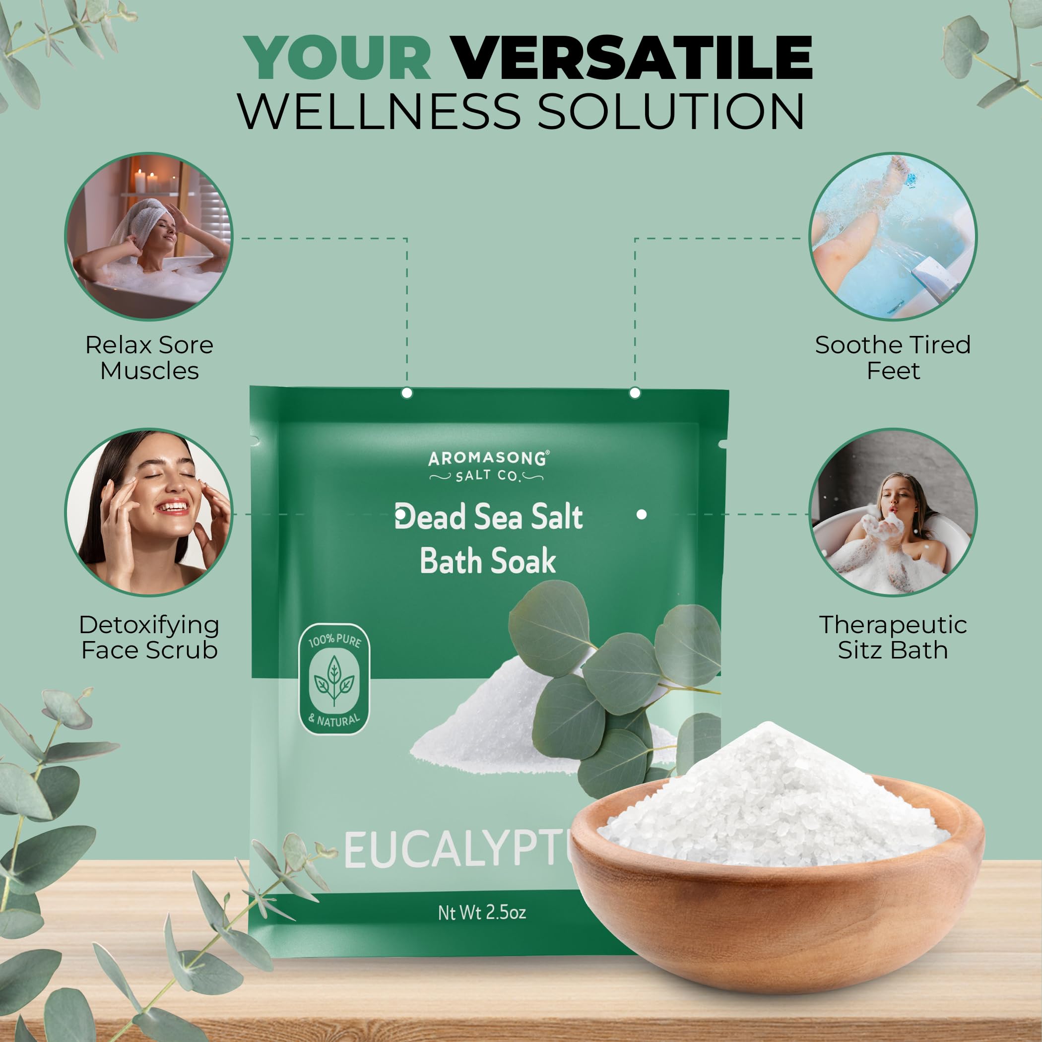 Aromasong Tea Tree Foot Soak 14 oz & Eucalyptus Dead Sea Salt Bath Soak 2.5 oz – Natural Bundle for Tired Feet, Muscle Relief, Odor Control & Refreshing Home Spa Experience