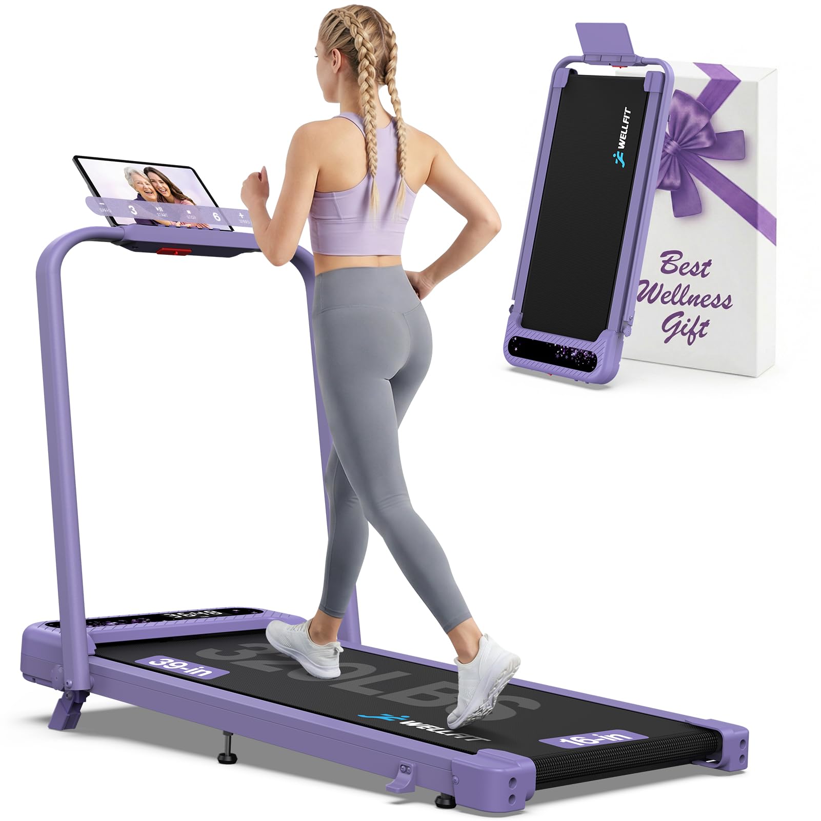 WELLFIT Folding Treadmill with Handlebar, 350 LBS Incline Walking Pad, Quiet Under Desk Treadmill for Home Office, APP & Voice Control, No Assembly Compact Foldable Treadmills, Purple Gift for Women