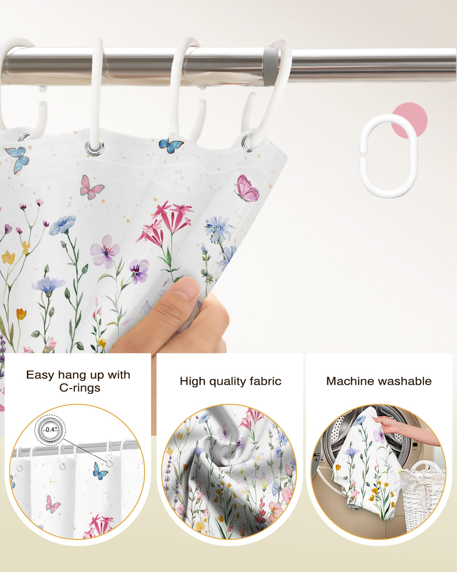 Lindameler Floral Butterfly Shower Curtain Set Colorful Flower Shower Curtain for Bathroom Waterproof Spring Fabric Shower Curtain with 12 Hooks 72x72 Inches