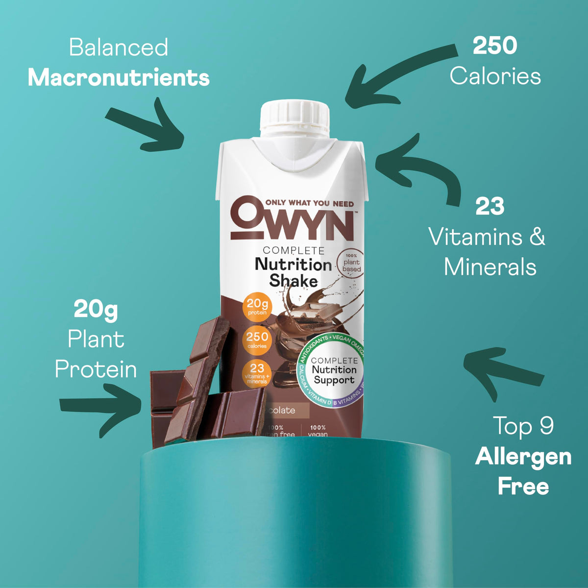 OWYN Only What You Need Vegan Complete Nutrition Protein Shake, 20g plant based protein, 23 Vitamins Minerals, Nutritional Shake, Gluten, Soy, and Tree Nut-Free (Chocolate, 12 pack)